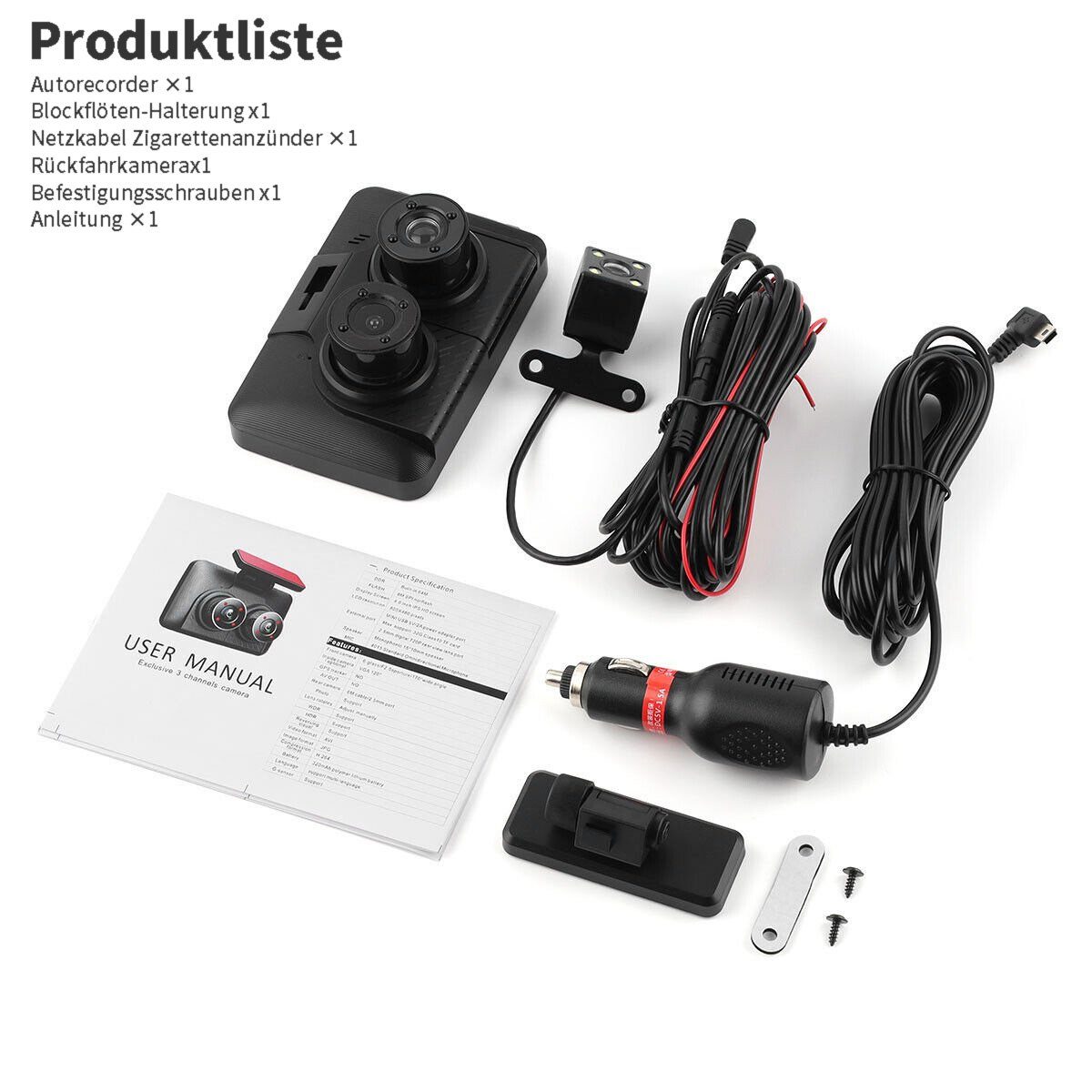 yozhiqu 4-Zoll-Fahrrekorder HD 1080P mit drei Objektiven Dashcam (Nachtsicht bei schlechten Lichtverhältnissen mit Rückfahrbild)