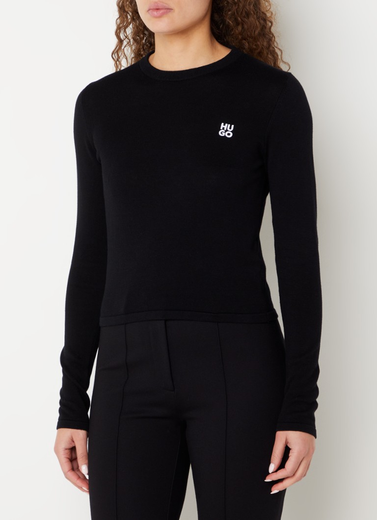 Pulover HUGO BOSS Scallia scurt din tricot fin, cu logo brodat.