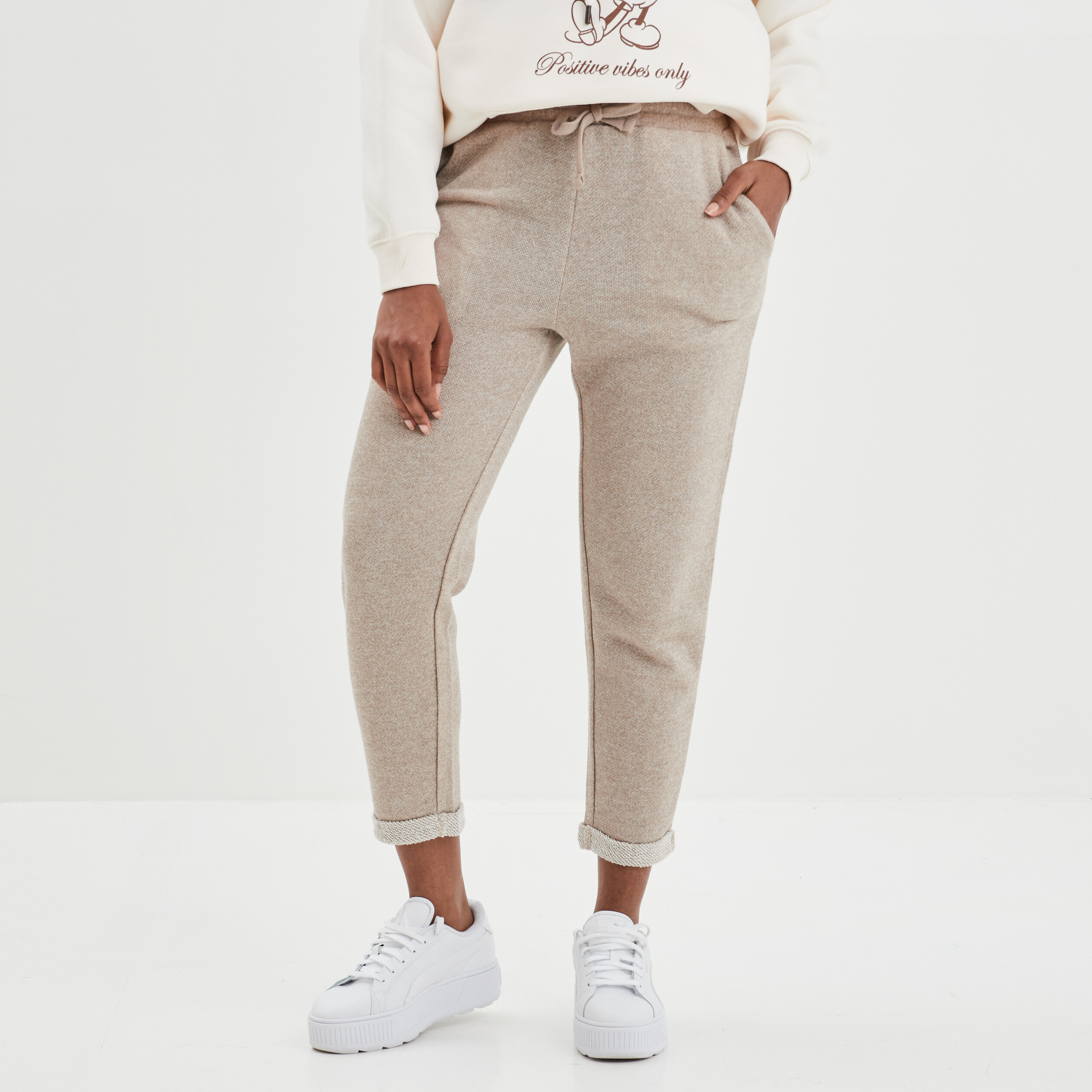 Pantalon jogging taille haute beige femme | La Halle
