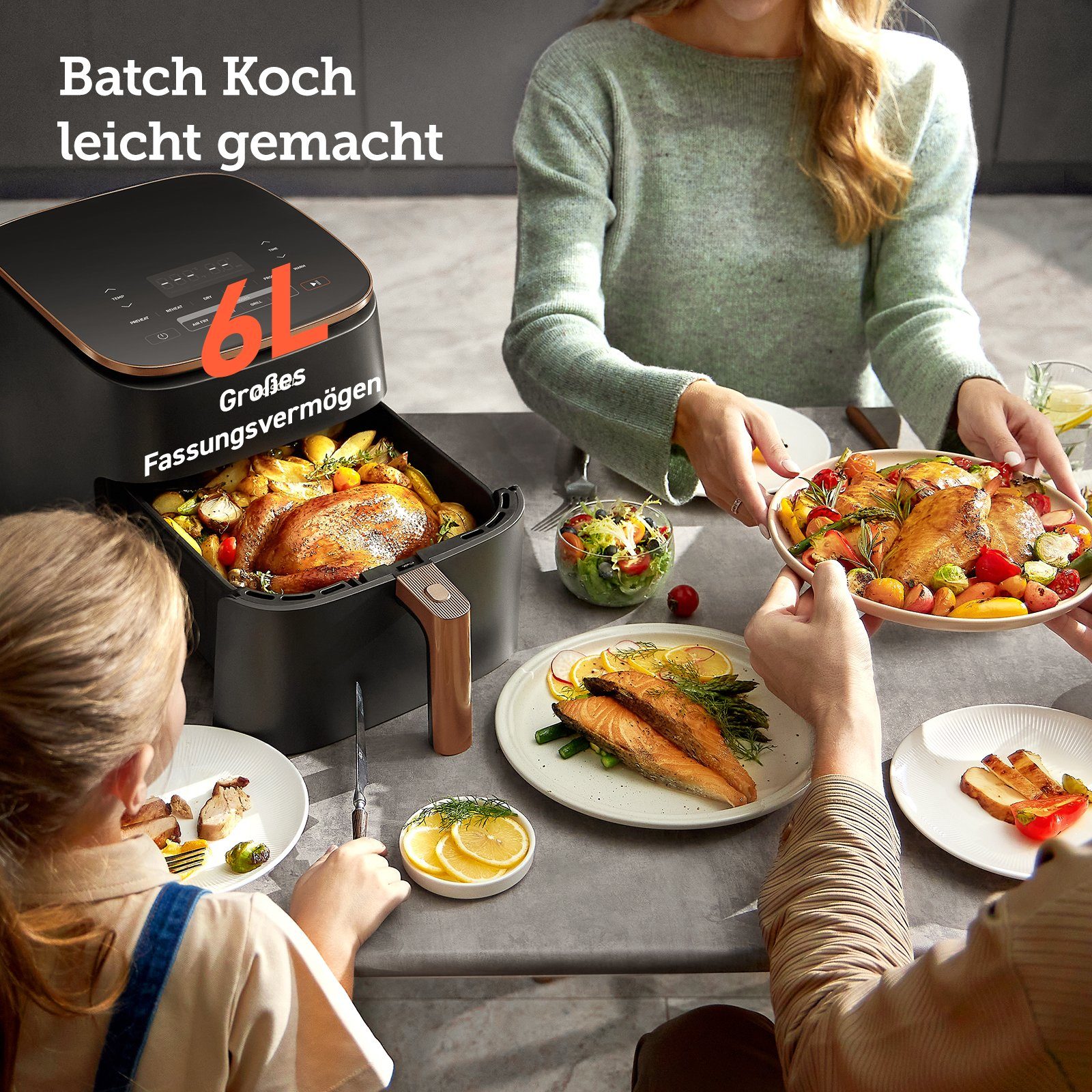Cosori Heißluftfritteuse TurboBlaze Chef Edition, 6.0-Liter, CAF-DC602-KEUR, 1725,00 W, Einzigartiger DC-Motor, 40 % Stromsparen und 46 % schneller zubereiten