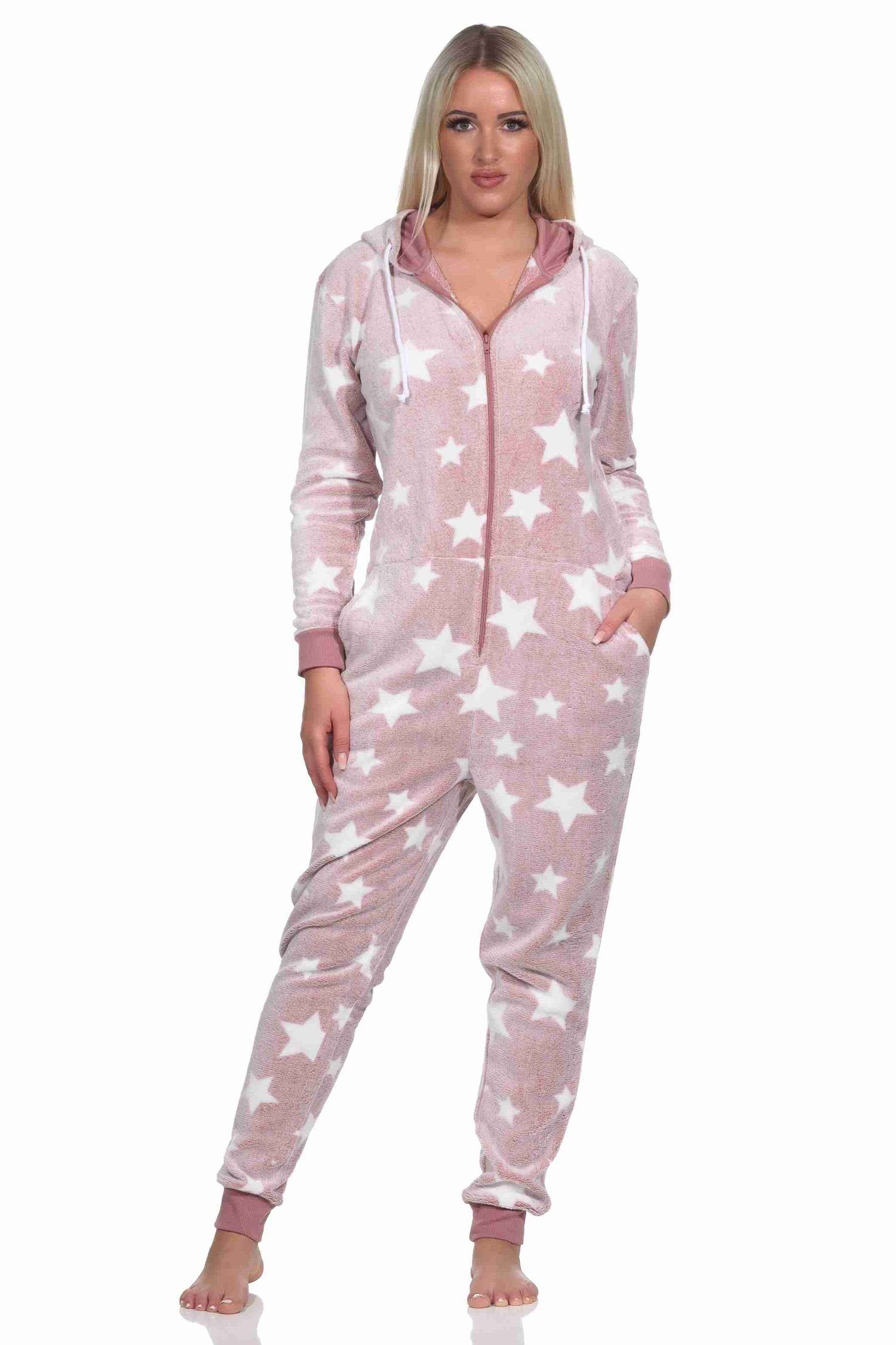 Normann Pyjama Damen Schlafanzug Jumpsuit Overall in Sterneoptik aus Coralfleece
