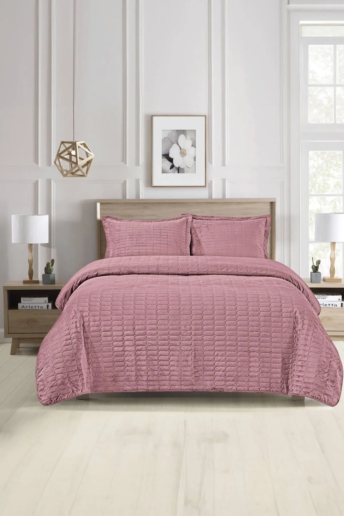 FAVORA  Alvin Samt-Tagesdecken-Set für Einzelbett – Dusty Rose