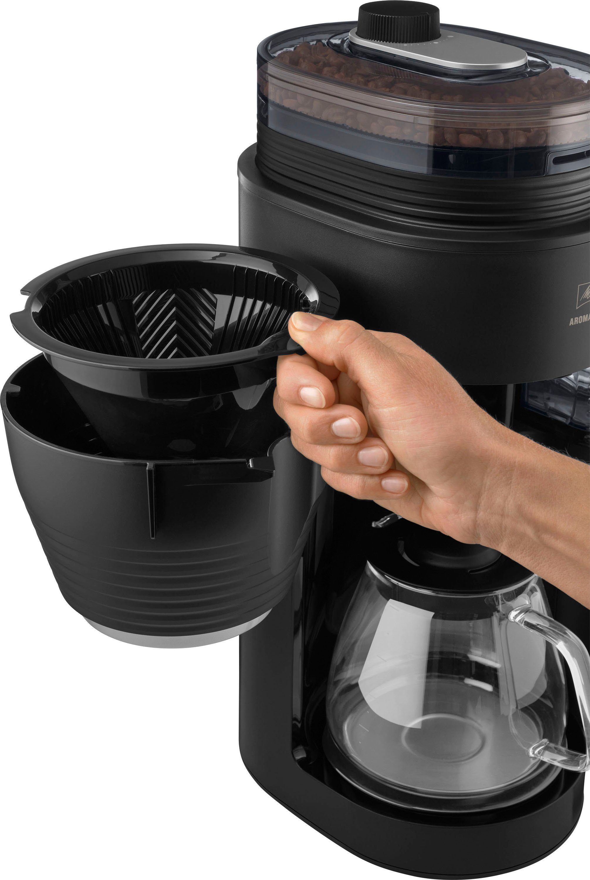 Melitta Kaffeemaschine mit Mahlwerk AromaFresh X 1030-06, 1,25l Kaffeekanne, Papierfilter 1x4, 11 Mahlgradeinstellungen,Kaffeebohnen/-pulver, Timer,Warmhalteplatte