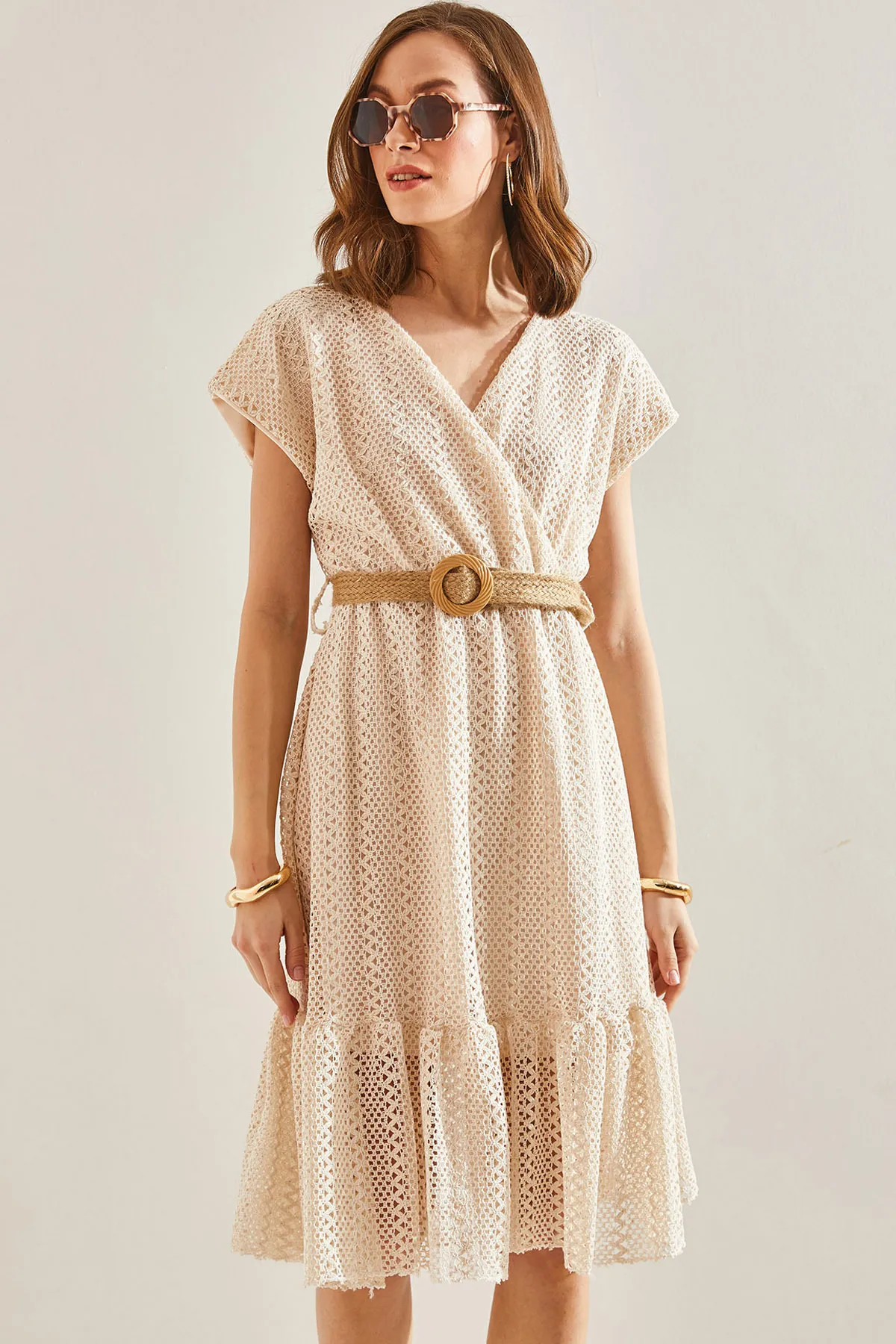 Bianco Lucci  Zweireihiges, gefüttertes Damenkleid mit Kragen und Gürtel