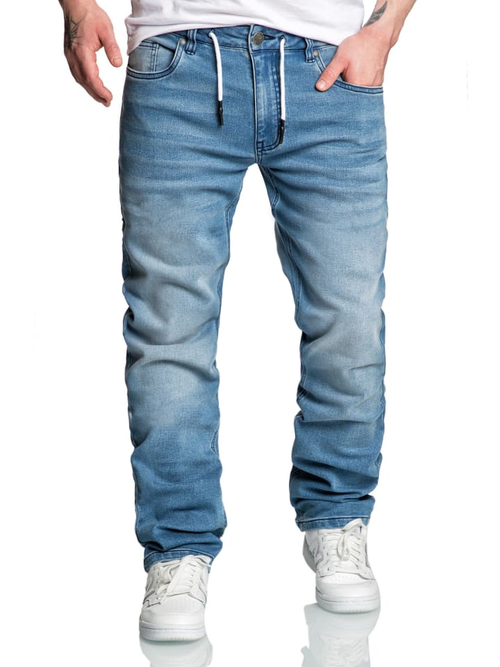 Amaci&Sons Sweathose im Denim Look COPPELL in Hellblau günstig kaufen