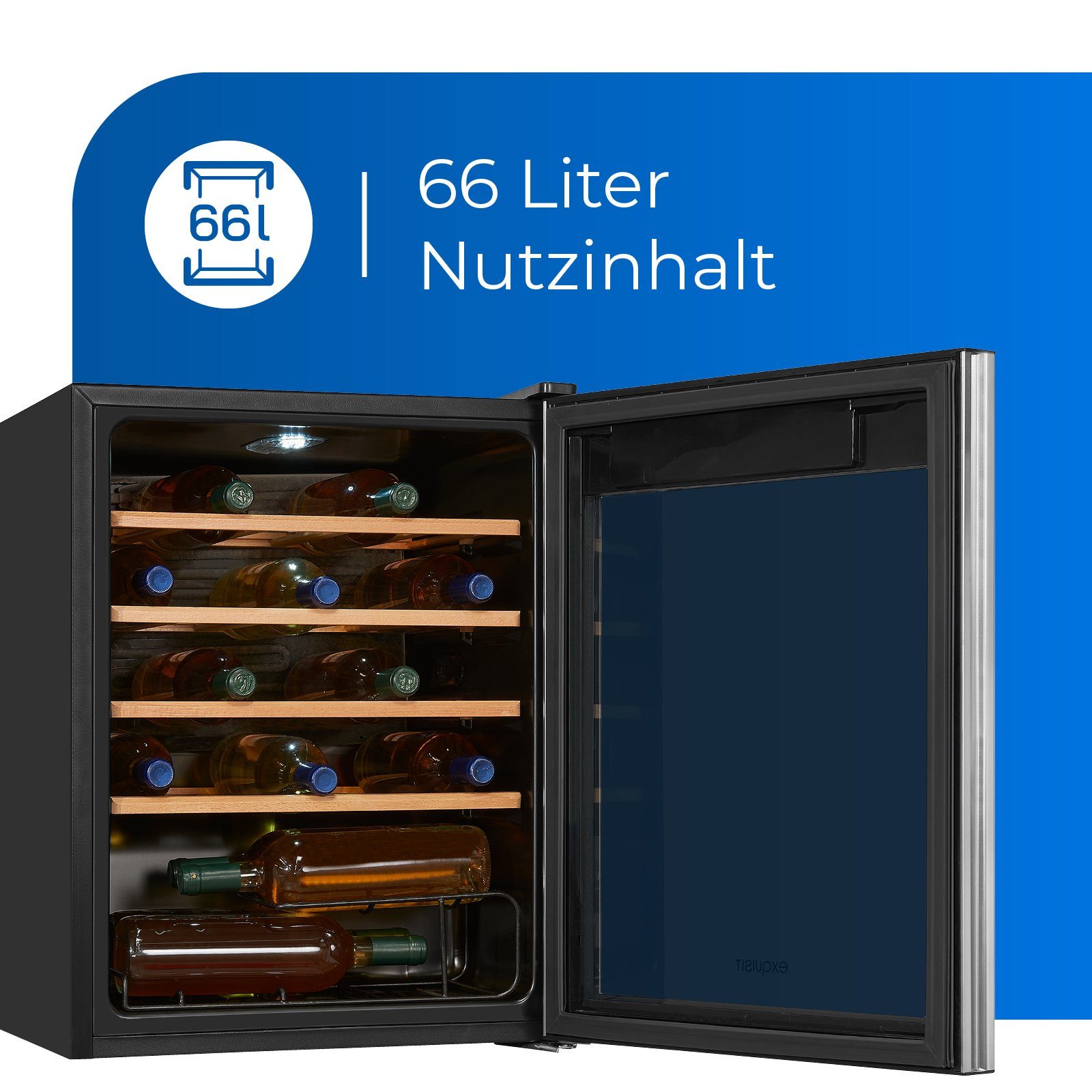exquisit Weinkühlschrank WS1-24-GTE-030G, für 24 Standardflaschen á 0,75l, flexible Kühlung Ihre Weine mit digitaler Kontrolle und LED-Beleuchtung
