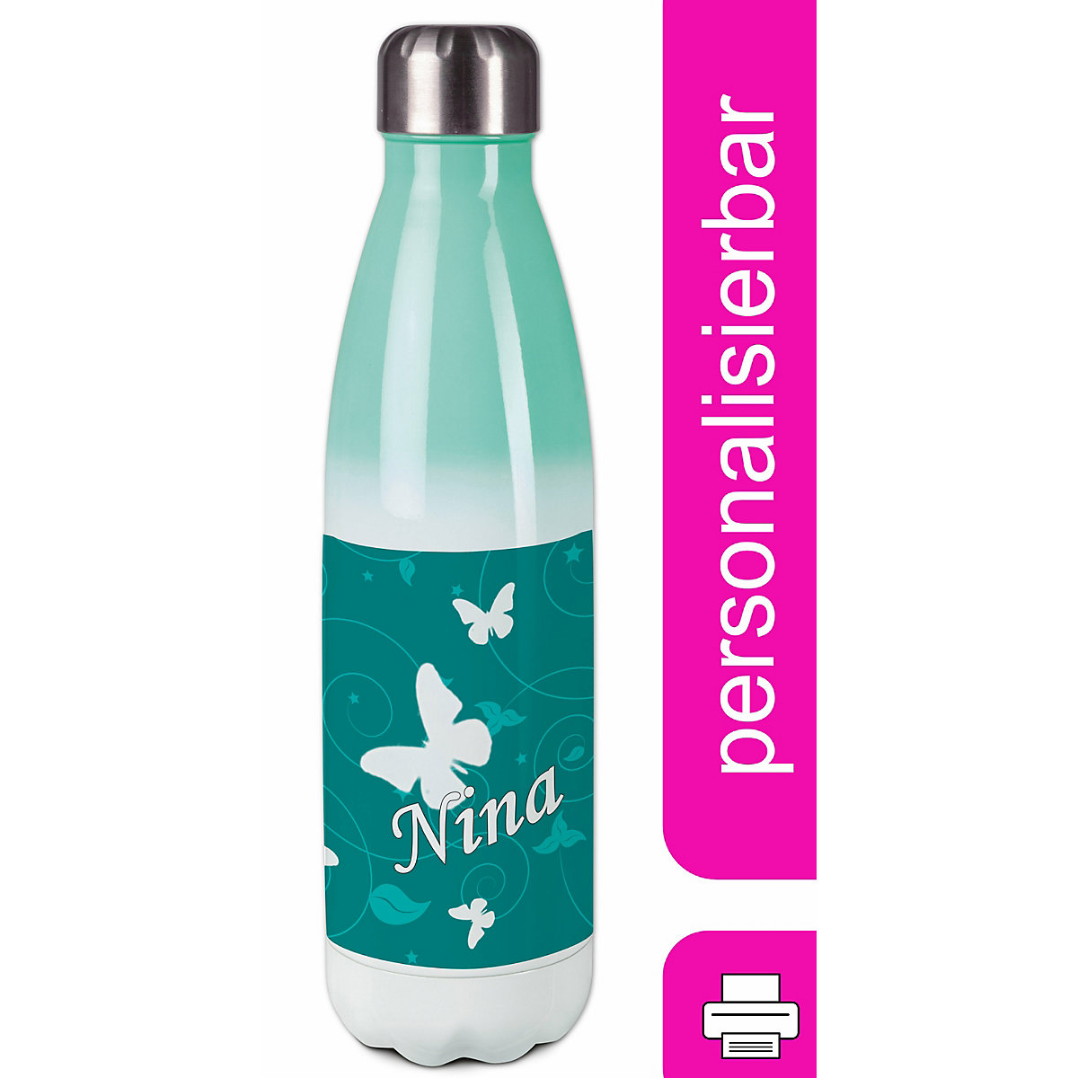 Edelstahl Kinder Thermoflasche / Trinkflasche bunt Schmetterling Ornamente Farbe petrol Spülmaschinenfest, Auslaufsicher, Bruchfest, Doppelwandig, Für Heißgetränke geeignet, Mit Deckel, Isoliert