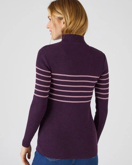 Pull col montant, 50% laine mérinos, uni et rayé