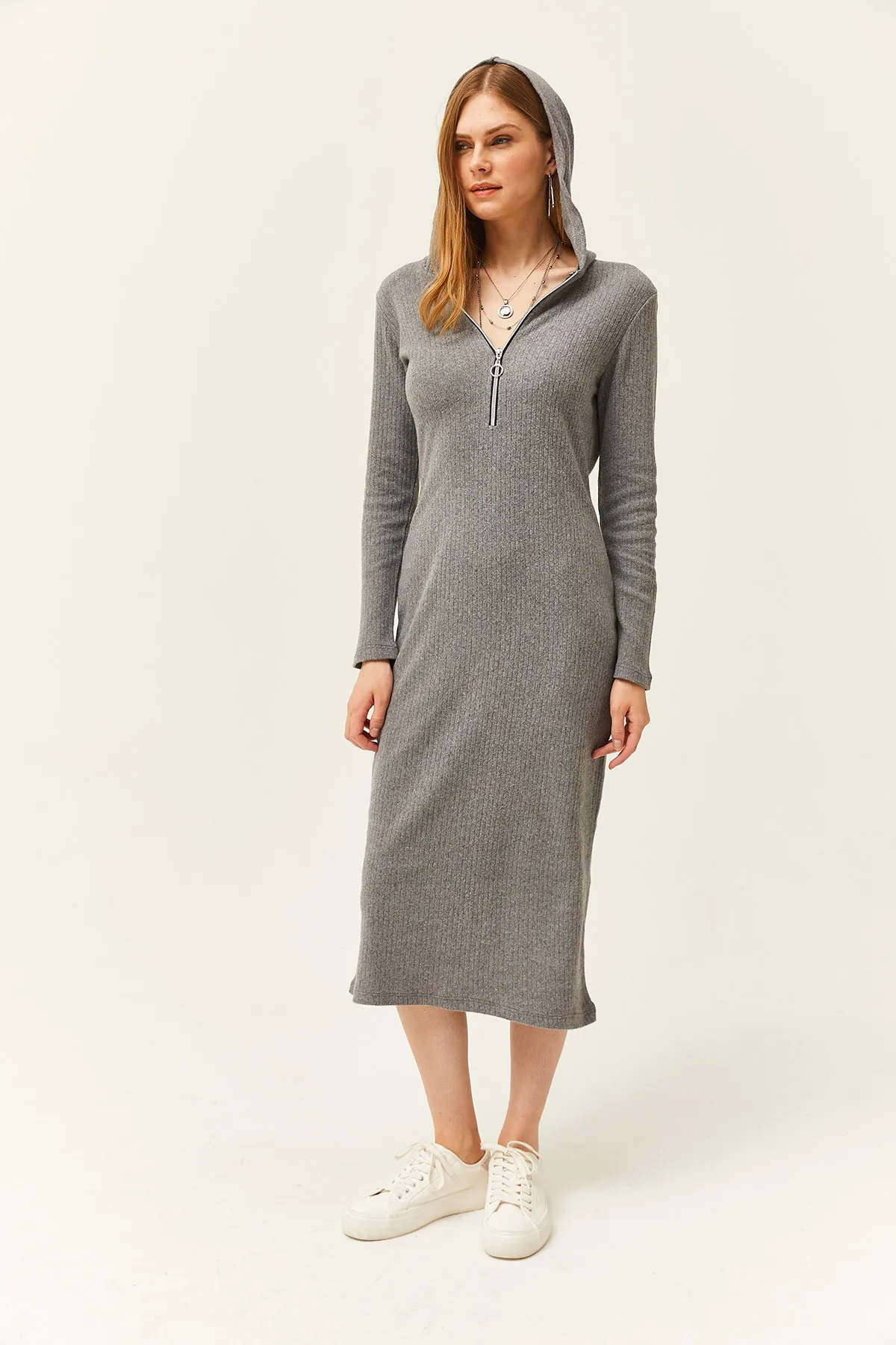 Olalook  Geräuchertes Midikleid mit Reißverschluss und Kapuze für Damen, dick gerippt, ELB-19002028