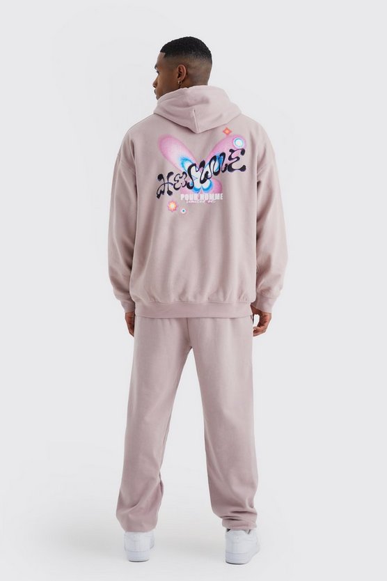 Oversize Homme Trainingsanzug mit Kapuze und Schmetterlings-Print