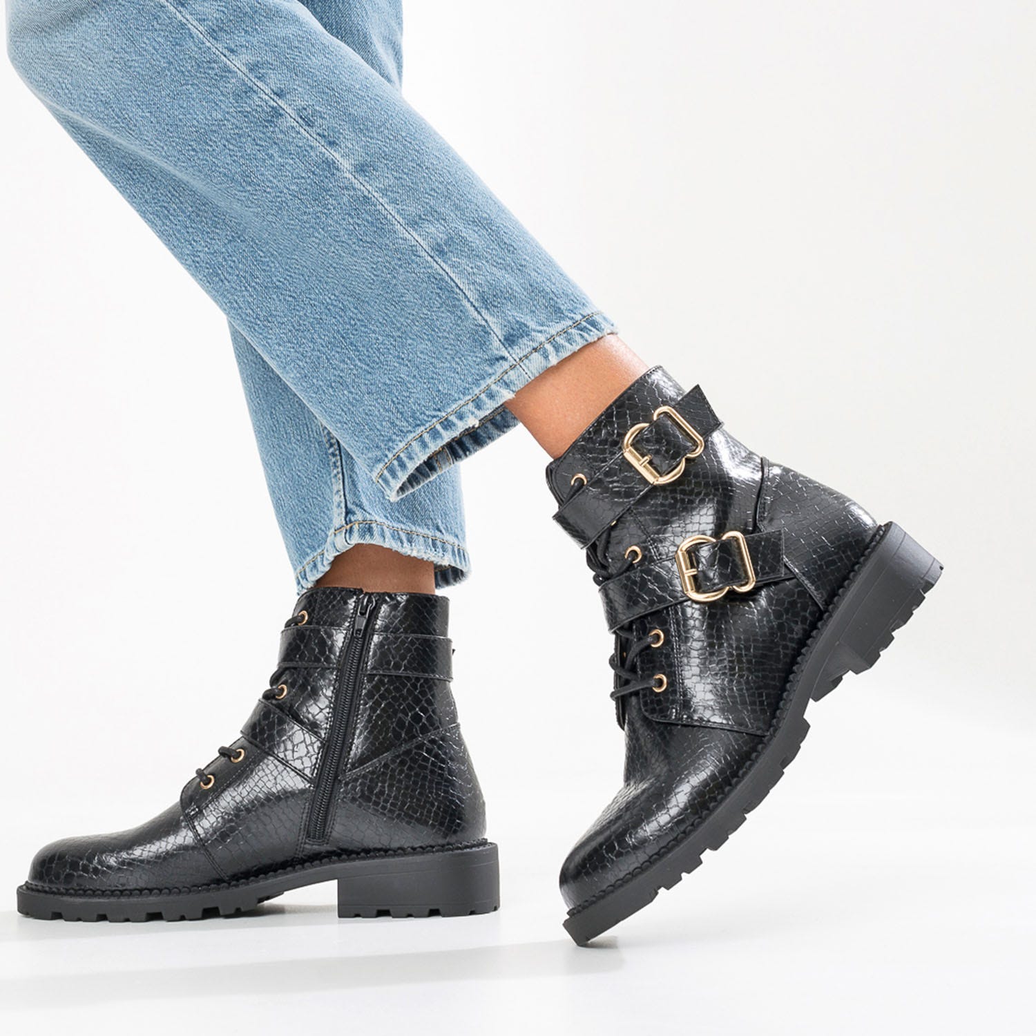 Boots à lacet TEXTO noir effet python