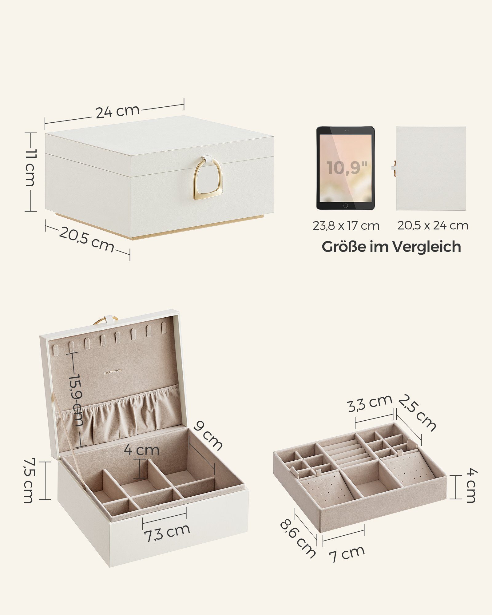 SONGMICS Schmuckkasten, 2 Ebenen, Schmuckkasten mit Griff, Schmuckbox