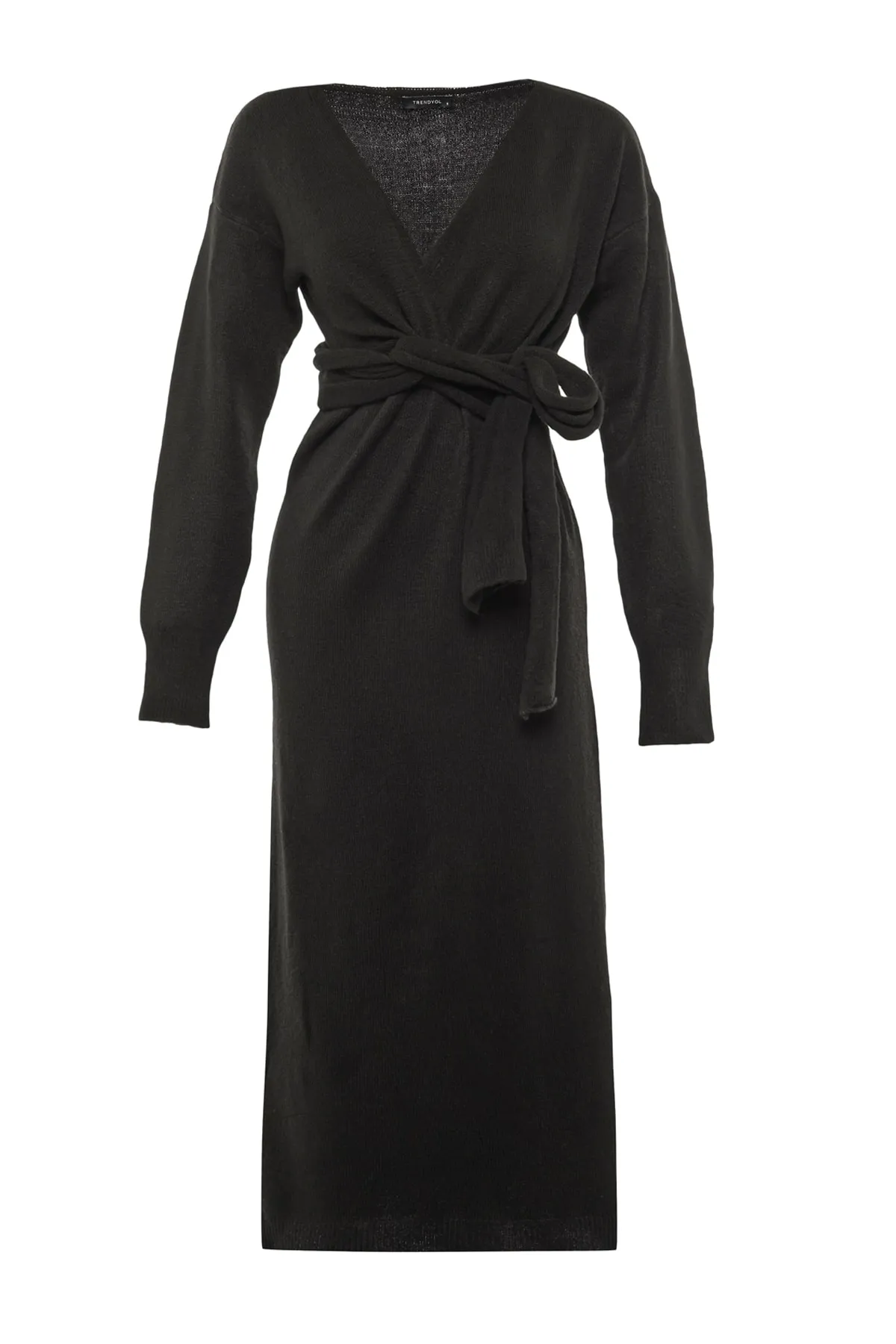 Trendyol Collection  Schwarzes, zweireihiges Strickkleid mit Kragen und Krawatte