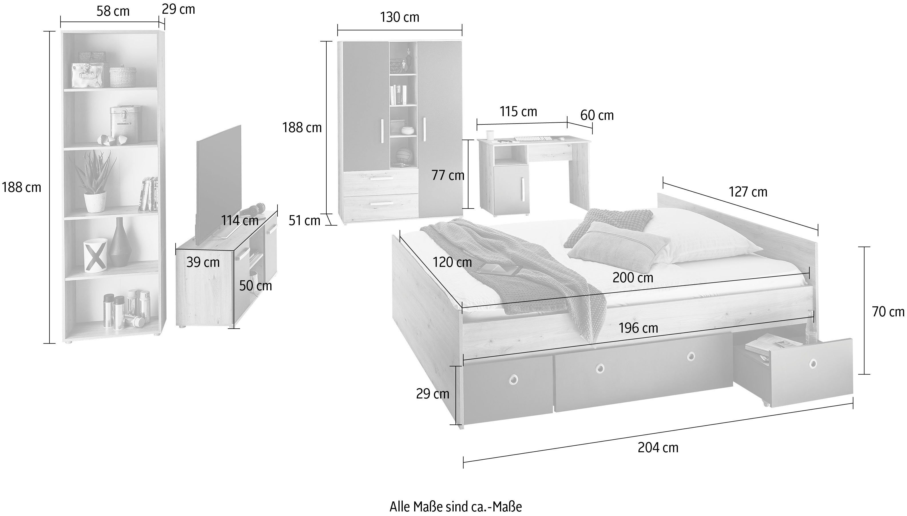 arthur berndt Jugendzimmer-Set Alessio, (Set, 6-St., Kleiderschrank, Bett mit Schubkasten, Schreibtisch, Bücherregal etc), mit Melamin-Oberfläche