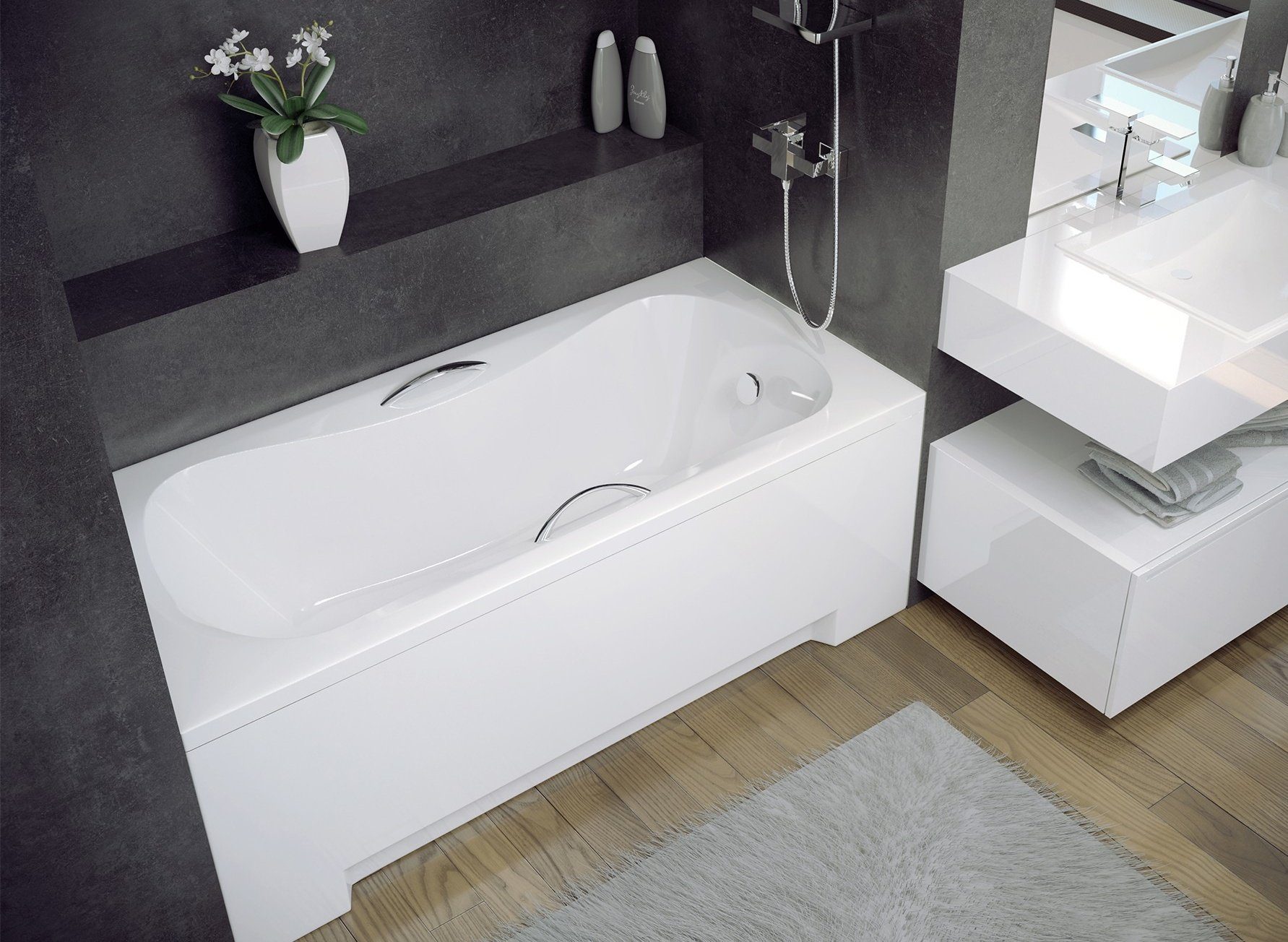 KOLMAN Badewanne Rechteck Aria 150x70, Handgriffen Acrylschürze Styroporträger, Ablauf VIEGA & Füße GRATIS