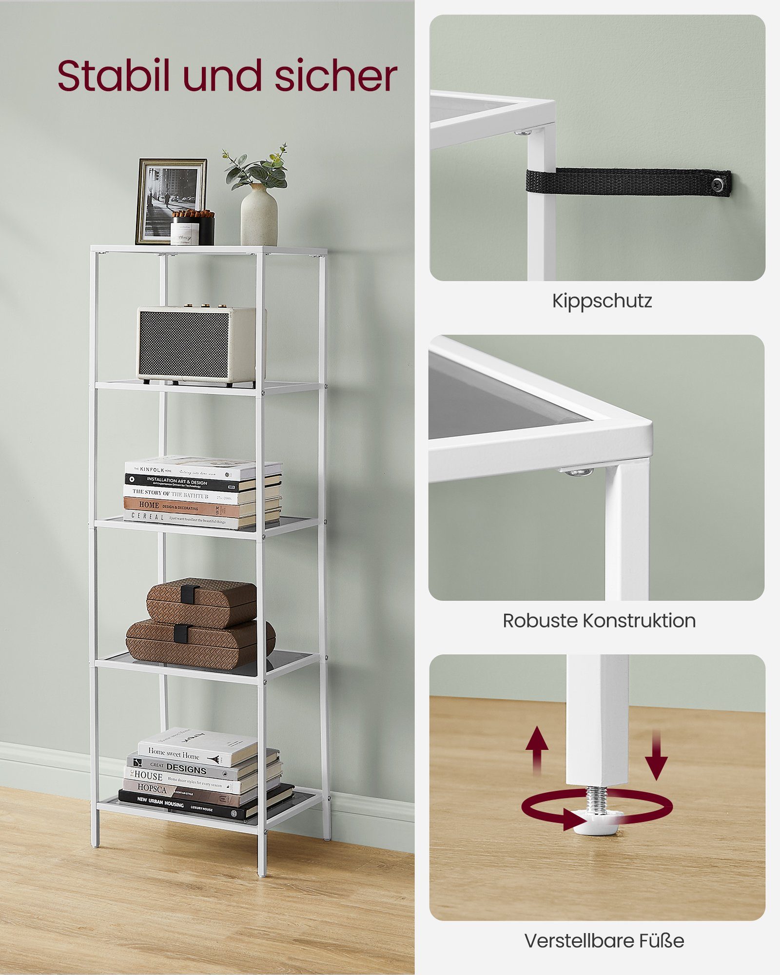 VASAGLE Bücherregal, 1-tlg., Standregal, Küchenregal, stabil, H:90 - 177.3