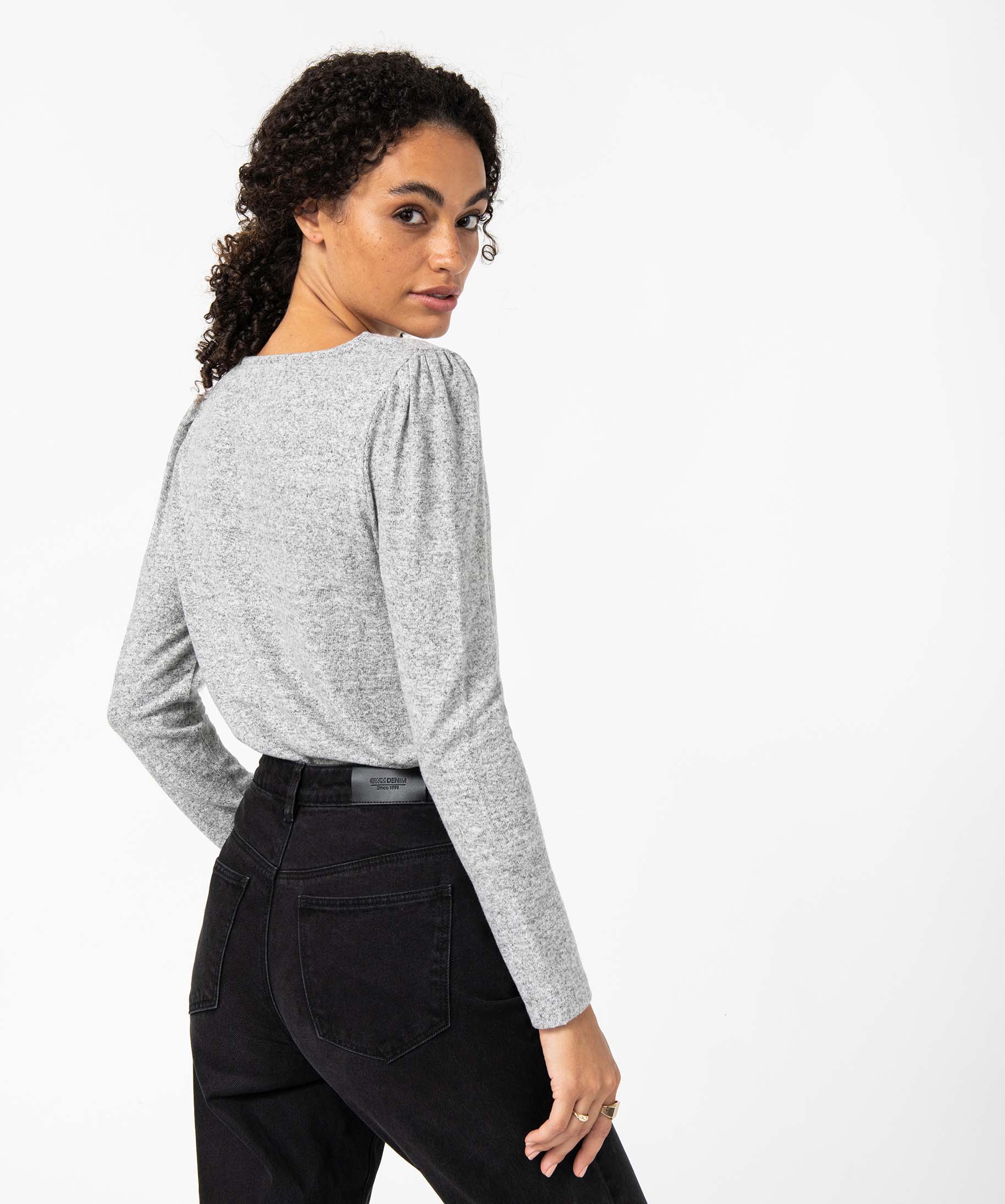Tee-shirt femme à manches longues avec col V en dentelle co... gris clair | GEMO