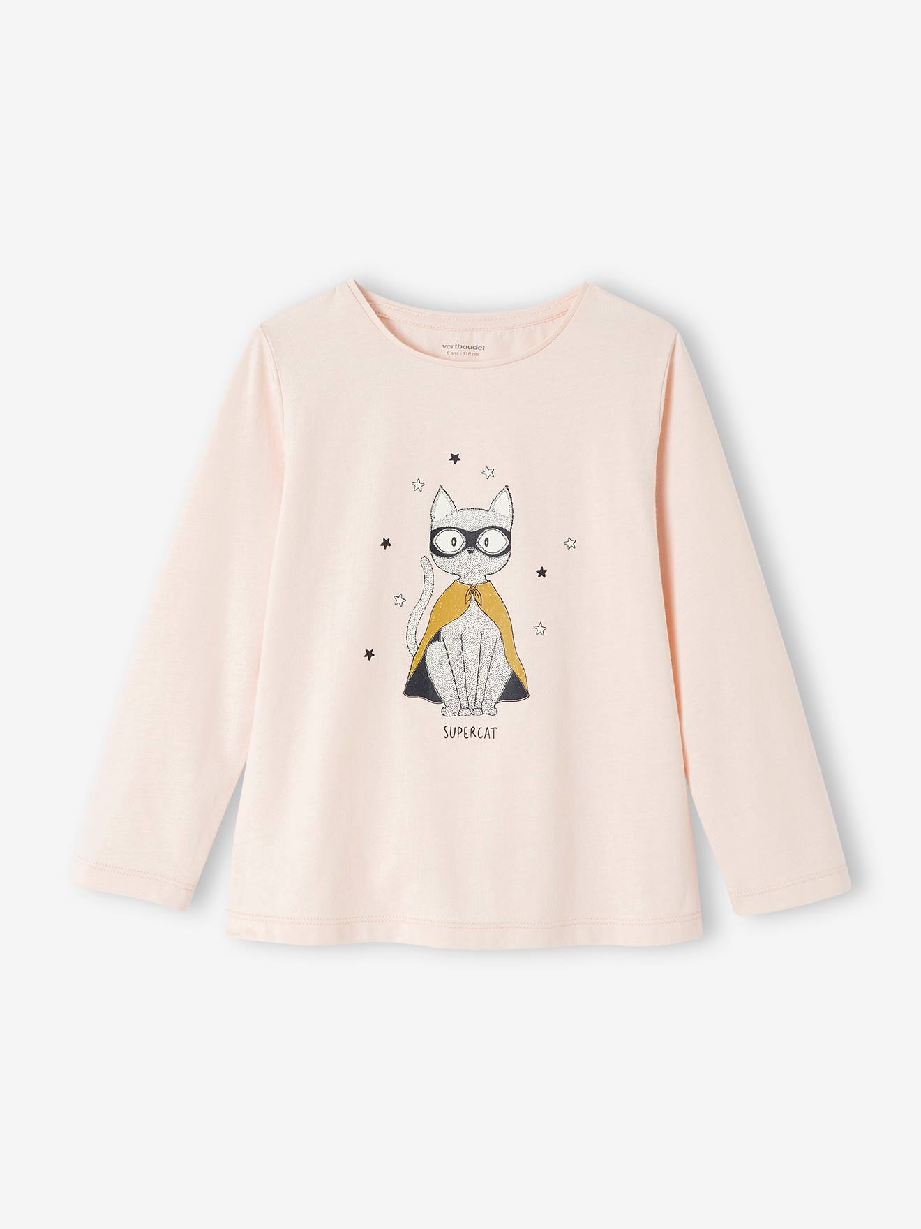 Vertbaudet Mädchen Schlafanzug mit Flanellhose SUPERCAT - hellrosa