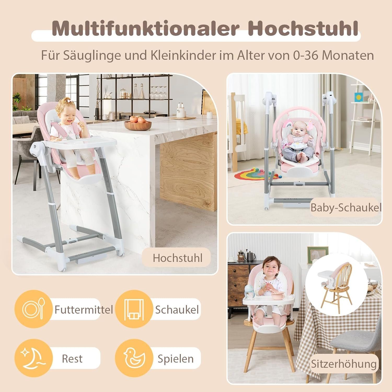 KOMFOTTEU Babyschaukel 3 in 1, mit Fernbedienung, Musik & Spielzeug, für Babys von 0-3 Jahre