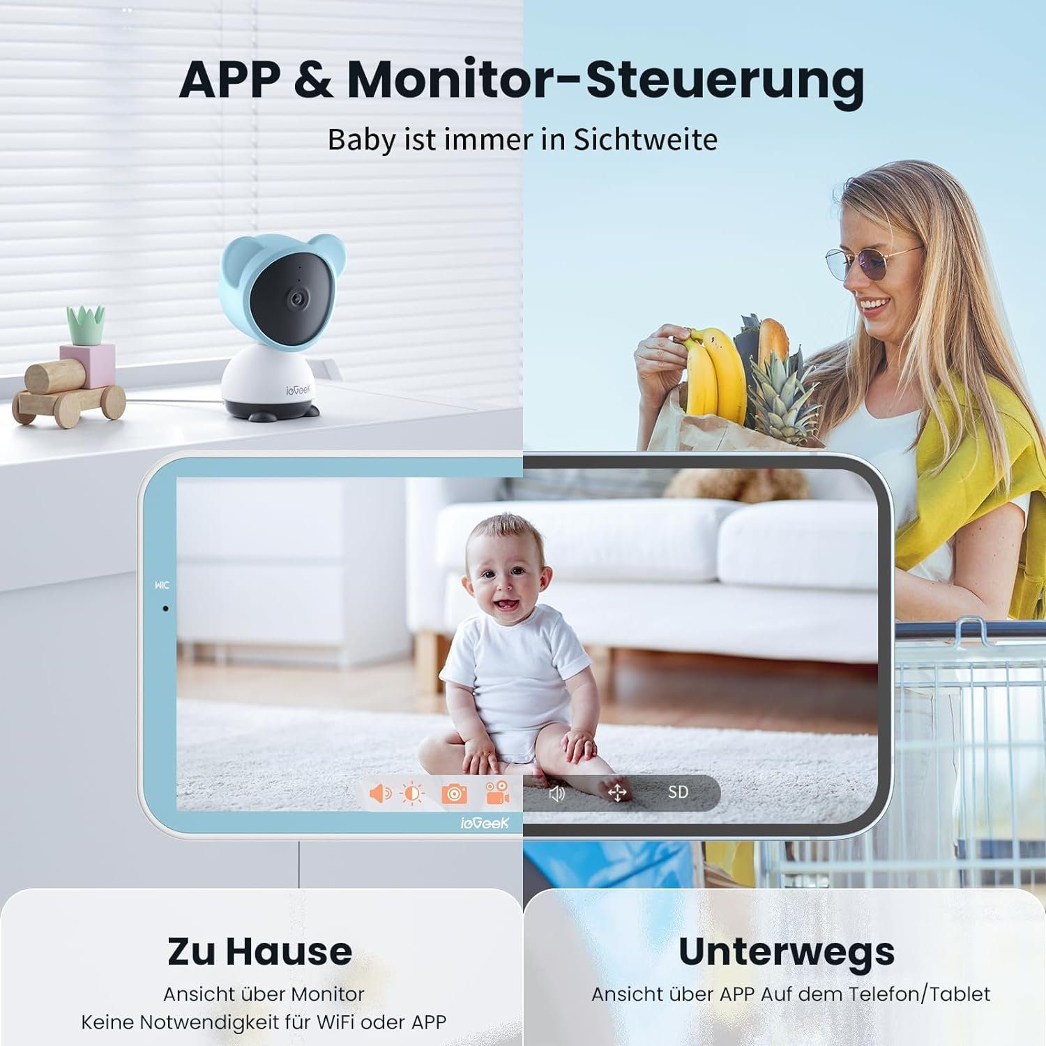 ieGeek Babyphone 5 Zoll/1080P Babyphone mit Kamera App WLAN Video babyfon&32GB SD Karte, Horizontal 350° und vertikal 55°,940nm Infrarot-Nachtsichtkamera, Bewegungs/Geräuscherkennung, unterstützt App Steuerung, Automatische Verfolgung,Bidirektionales