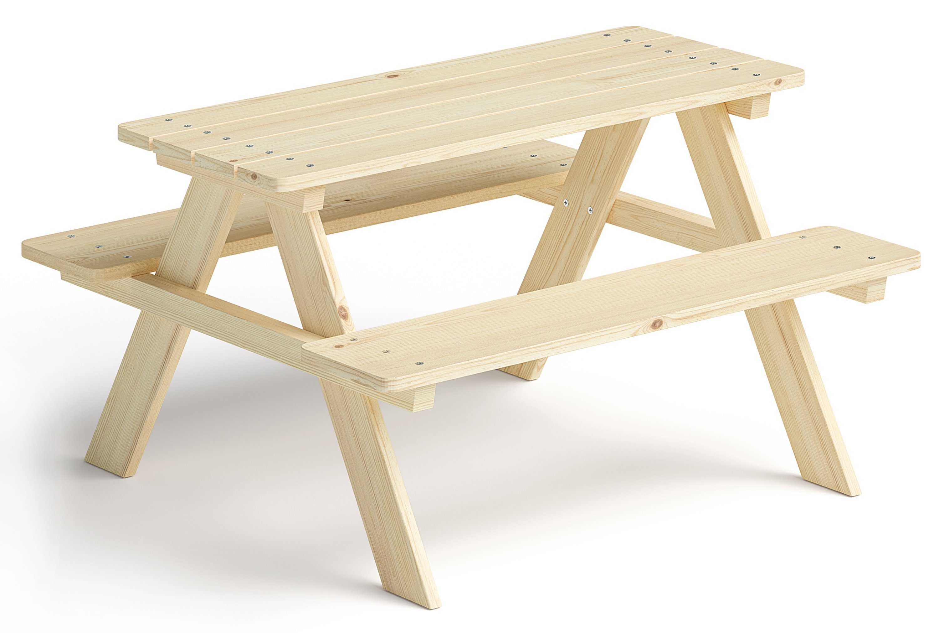 Bellabino Kindersitzgruppe Inny, (Sitzgruppe für Draußen, 1x Tisch, 2x Bank), für 4 Personen, unbehandelt, aus Kiefer Massivholz