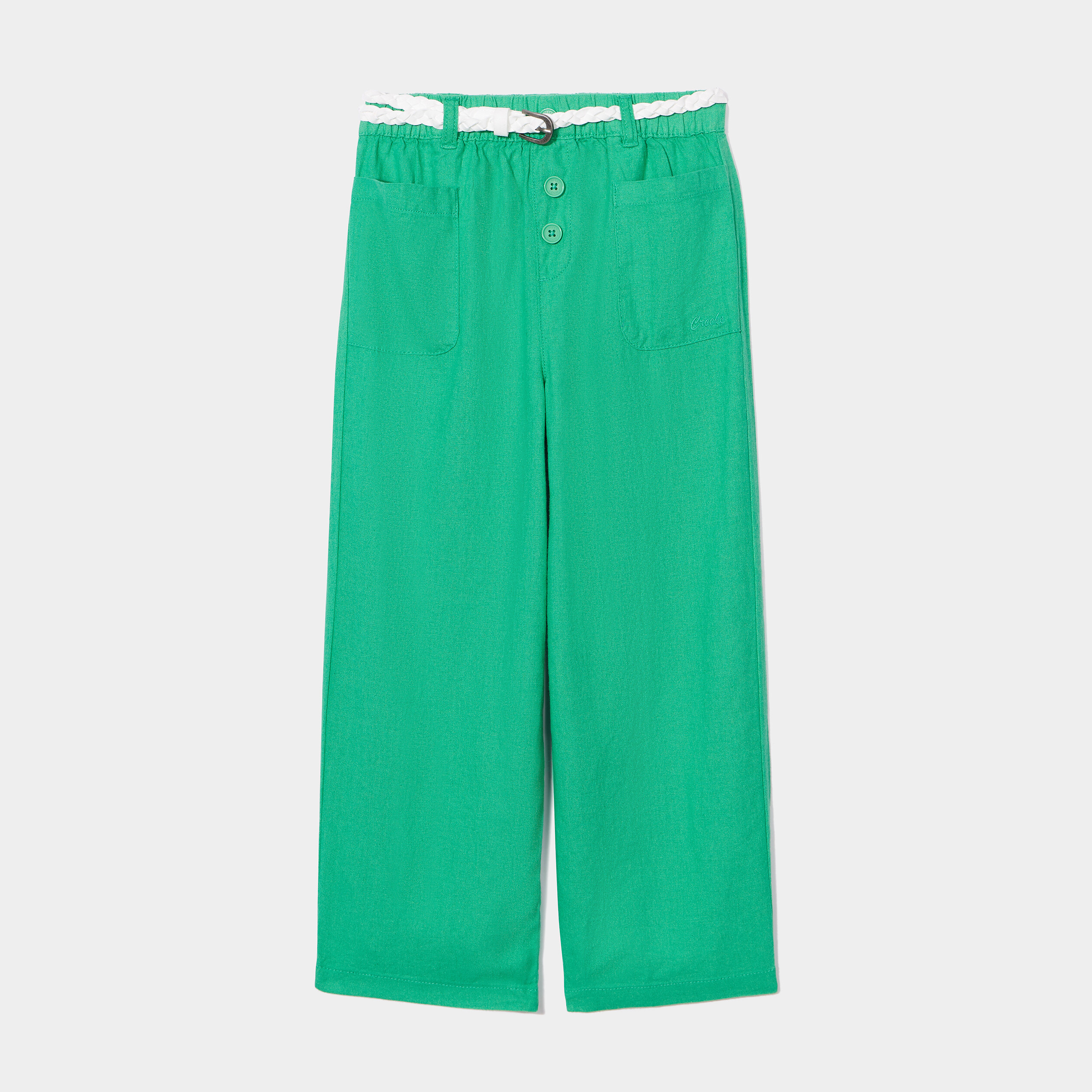 Pantalon large fluide ceinturé en lin vert fille | La Halle