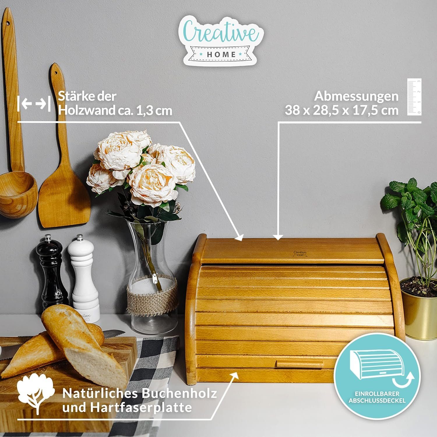 Creative Home Brotkasten Holz 38 x 28,5 x 17,5 cm Brotkiste mit Rolldeckel Brotbox
