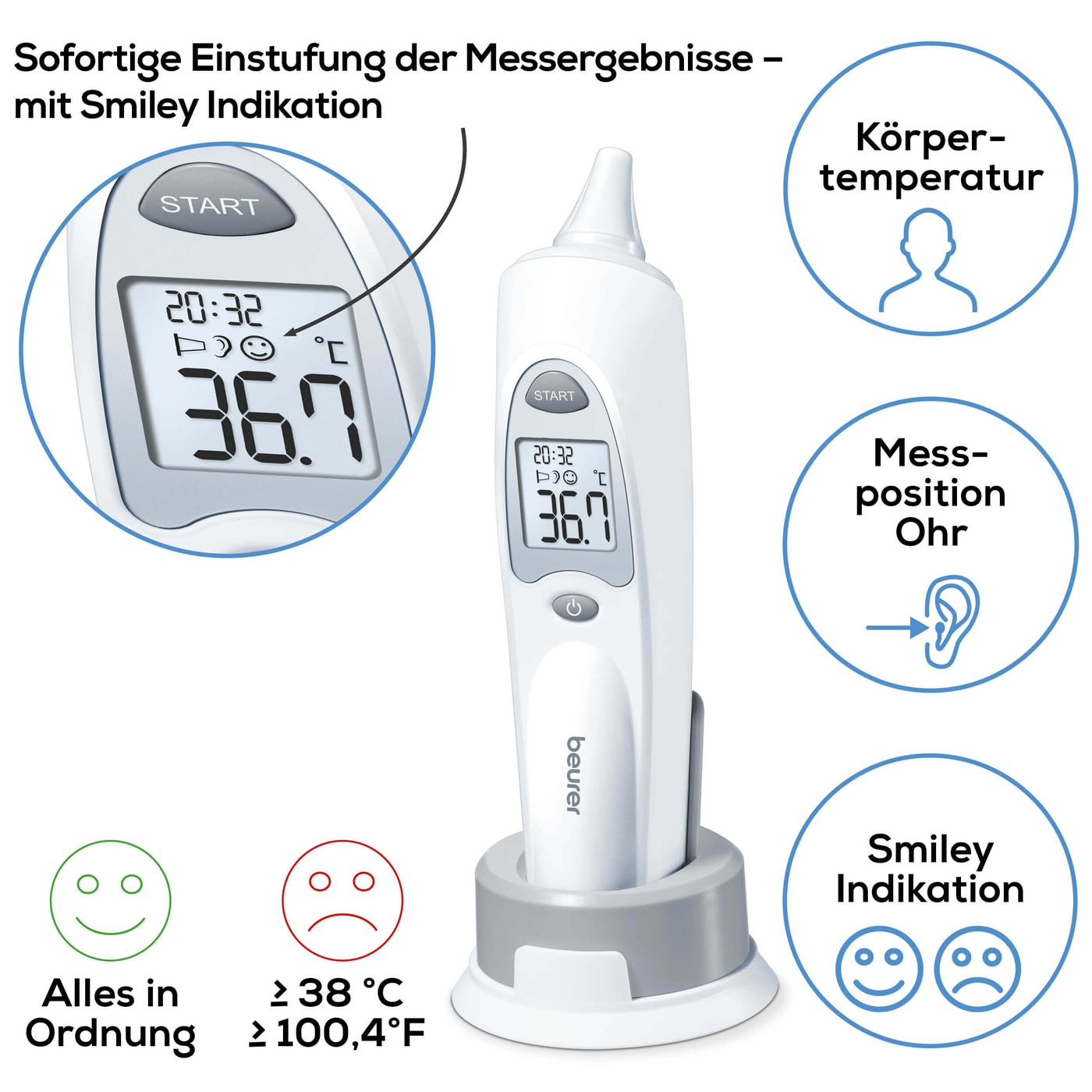 Beurer Ohrthermometer - FT 58-Ohrthermometer mit Infrarot-Messtechnik für hygienisches Messen