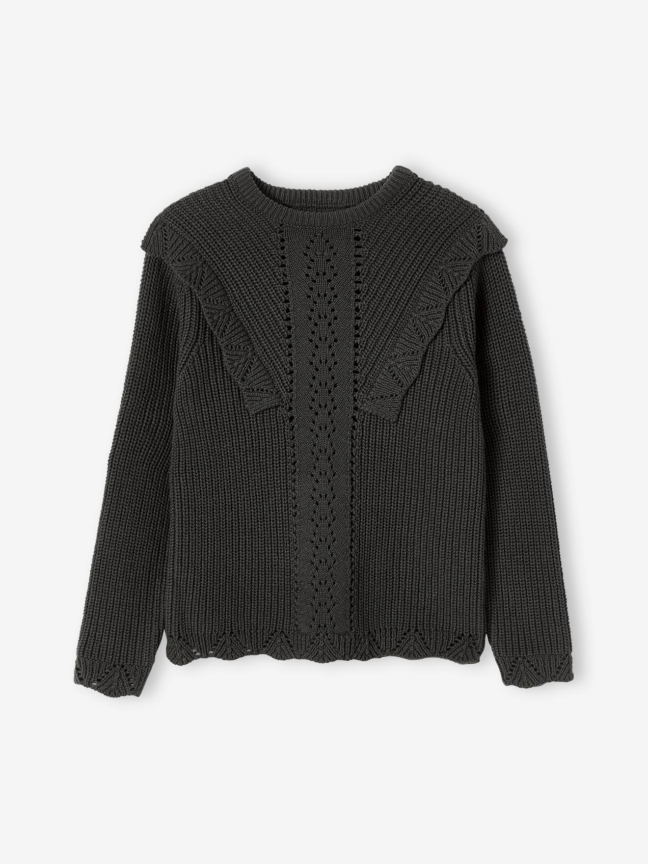Pull volanté maille fantaisie fille kaki