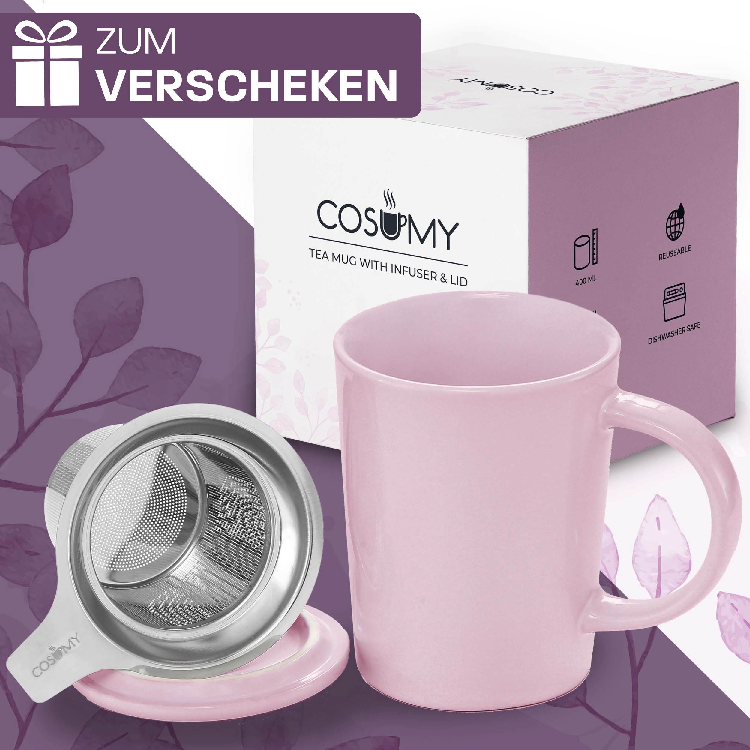 Cosumy Teeglas Teetasse mit Sieb und Deckel 400ml - Jumbotasse, Porzellan, Hält Lange warm - 400 ml Groß - Spülmaschinenfest