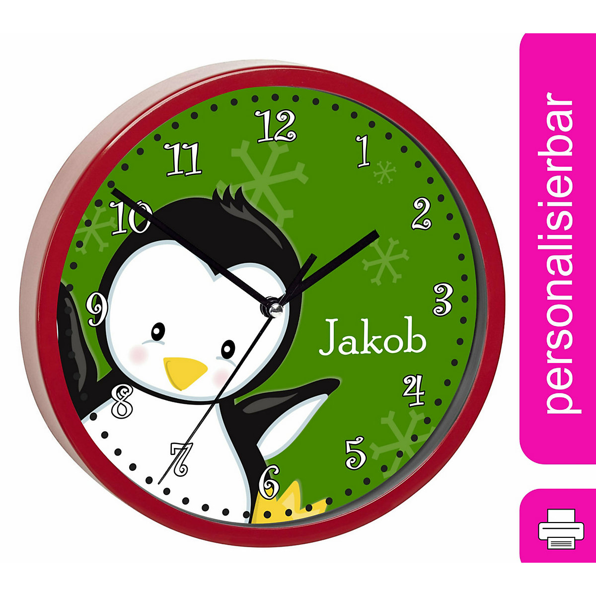 Kinder Wanduhr personalisiert mit Name Pinguin grün