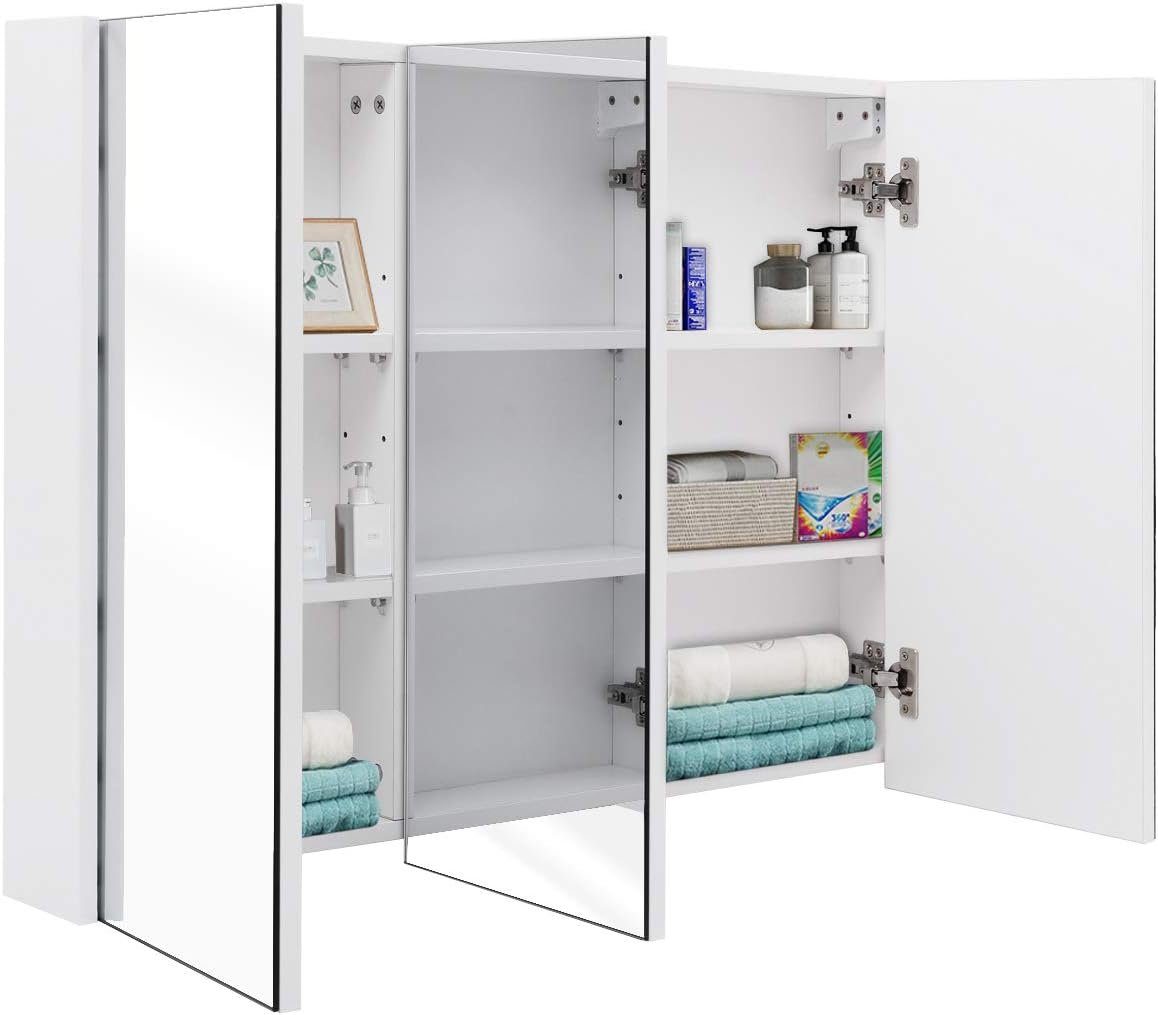 KOMFOTTEU Spiegelschrank mit 3 Türen mit Spiegel, 65 x 11 x 90 cm
