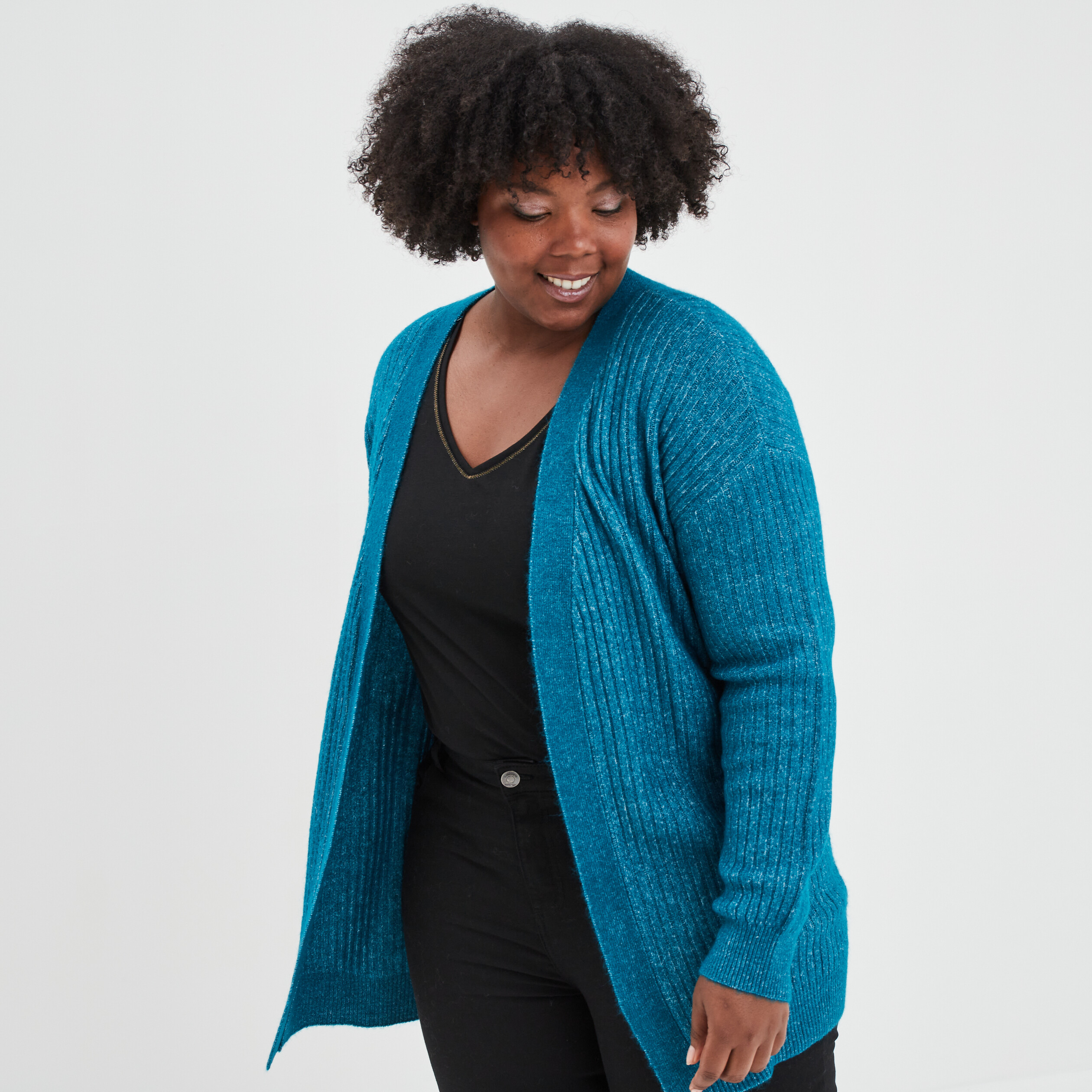 Gilet long côtelé col châle bleu canard femme grande taille | La Halle