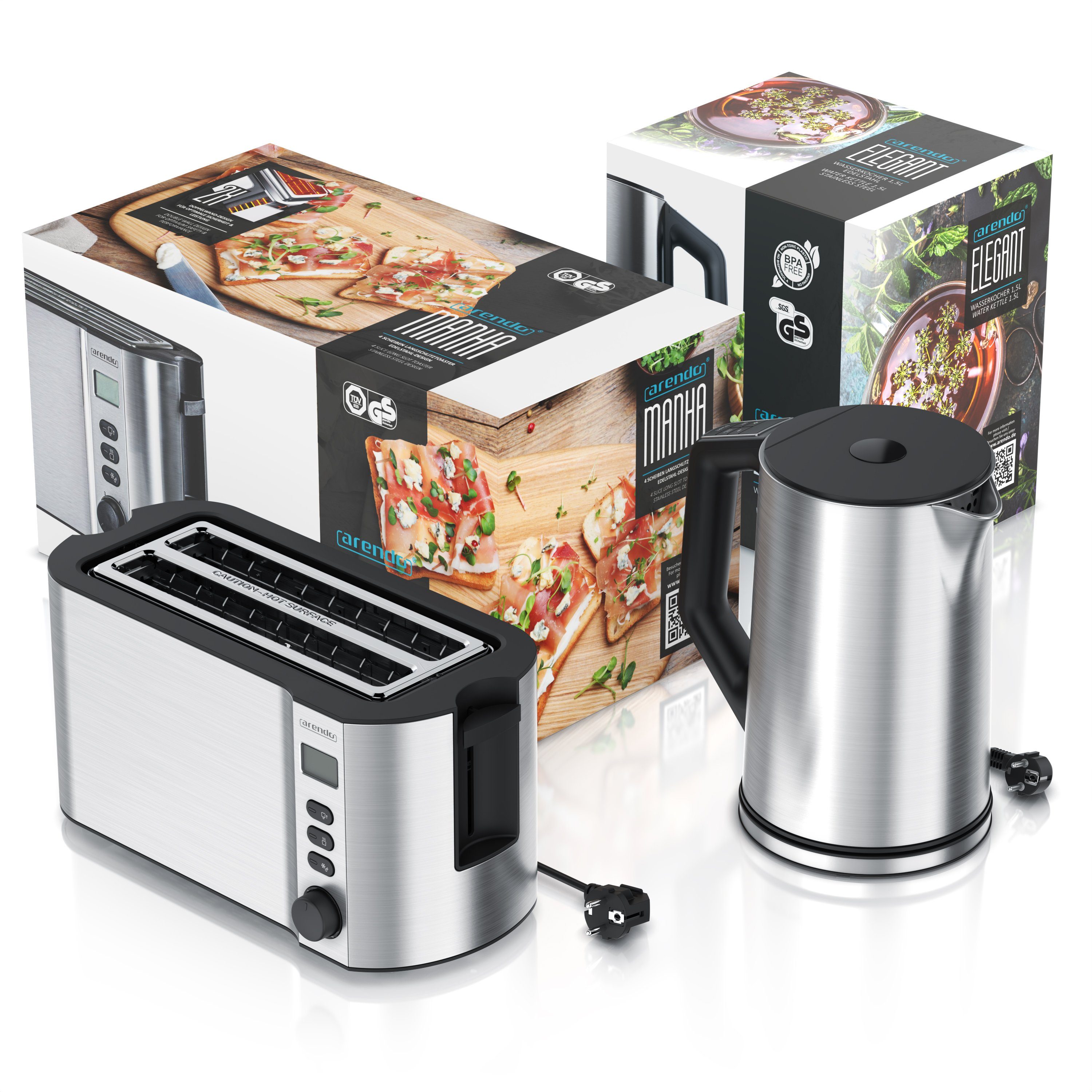Arendo Frühstücks-Set (2-tlg), Edelstahl Wasserkocher 1,5l, 4-Scheiben Langschlitz Toaster, Edelstahl