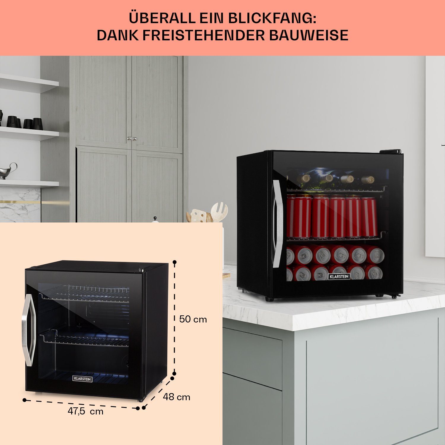 Klarstein Getränkekühlschrank HEA-BeersafeL-onyx 10032870A, 50 cm hoch, 47.5 cm breit, Mini Kühlschrank Bierkühlschrank klein Getränkekühlschrank mit Glastür