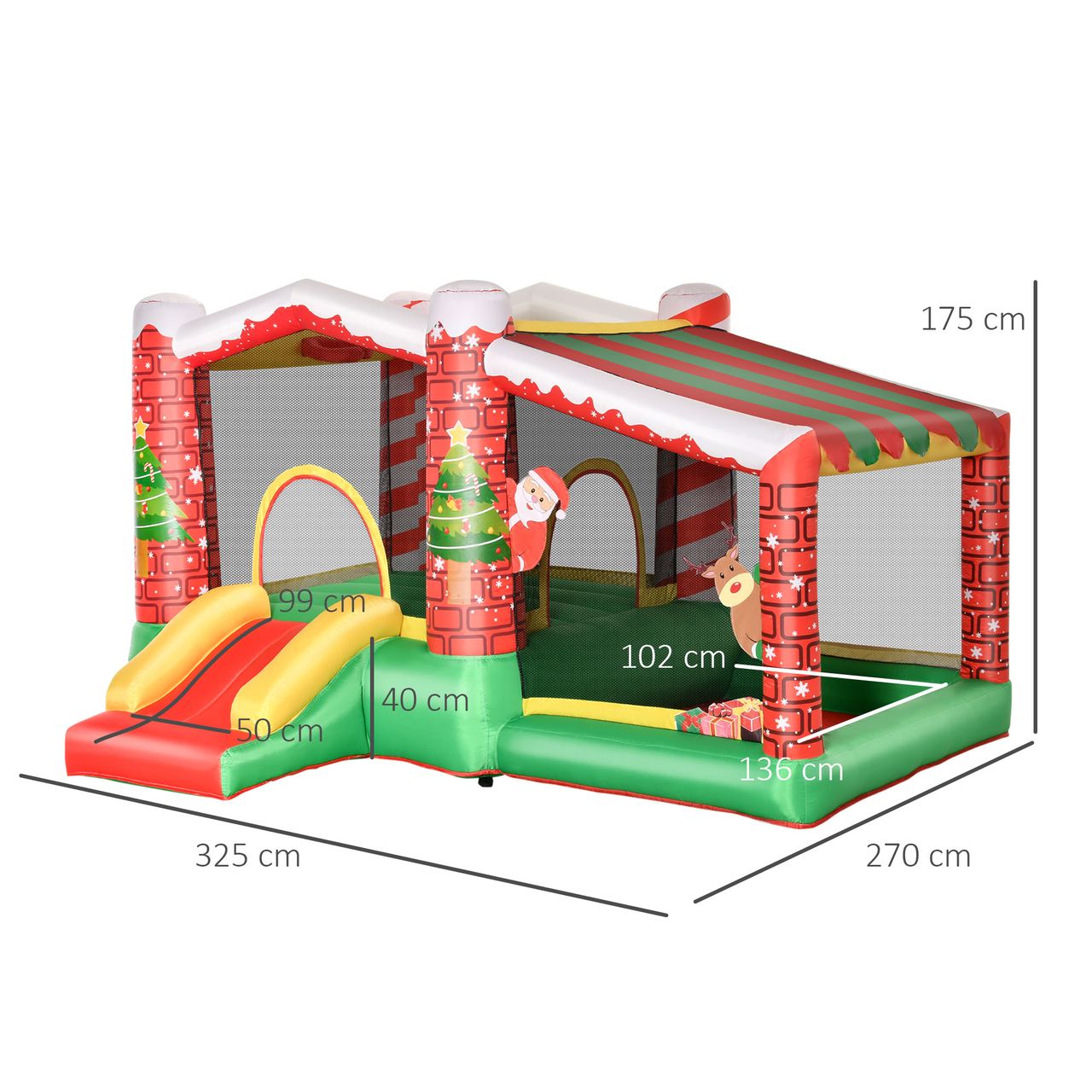 Outsunny Weihnachten Aufblasbare Hüpfburg Trampolin kleine Rutsche Ballgrube für 3 Kinder Springburg mit Gebläse für 3-8 Jahre Kindergarten Oxford-Gewebe Polyester Rot Grün 325 x 270 x 175 cm