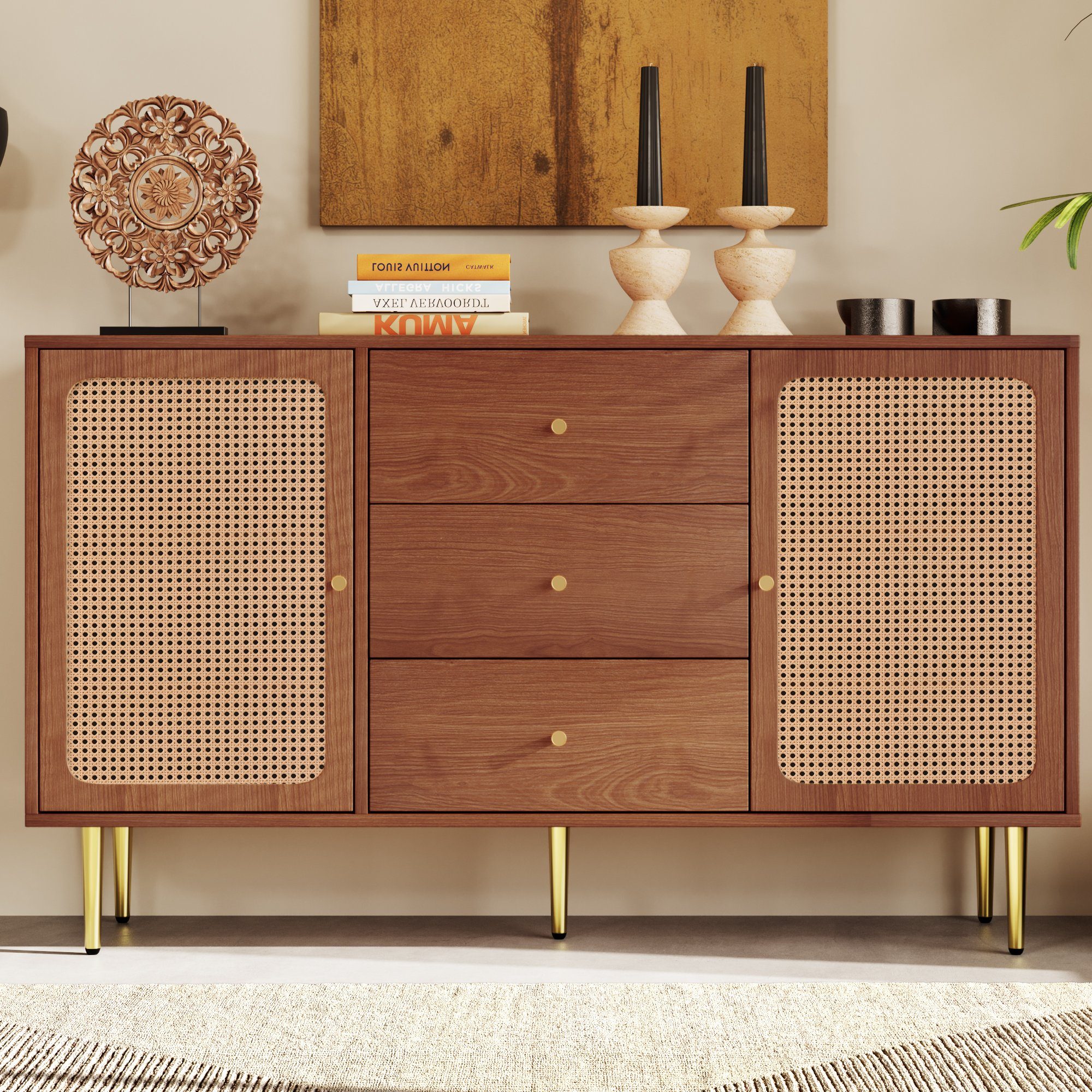 Flieks Kommode, Sideboard 3 Schubladen 2 Türen Rattan Nussbaum 150x40x90cm