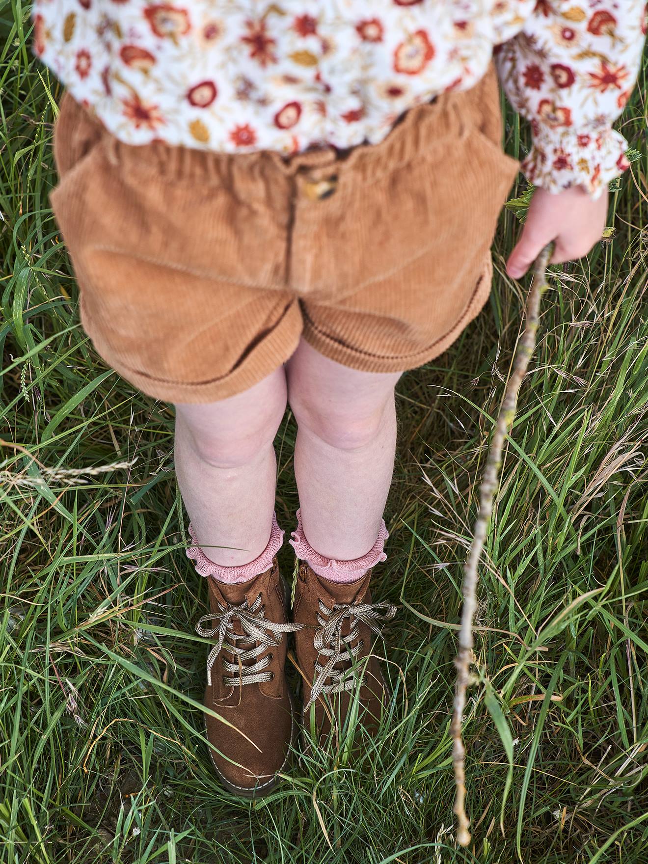 Bottines cuir fille à lacets + glissière kaki