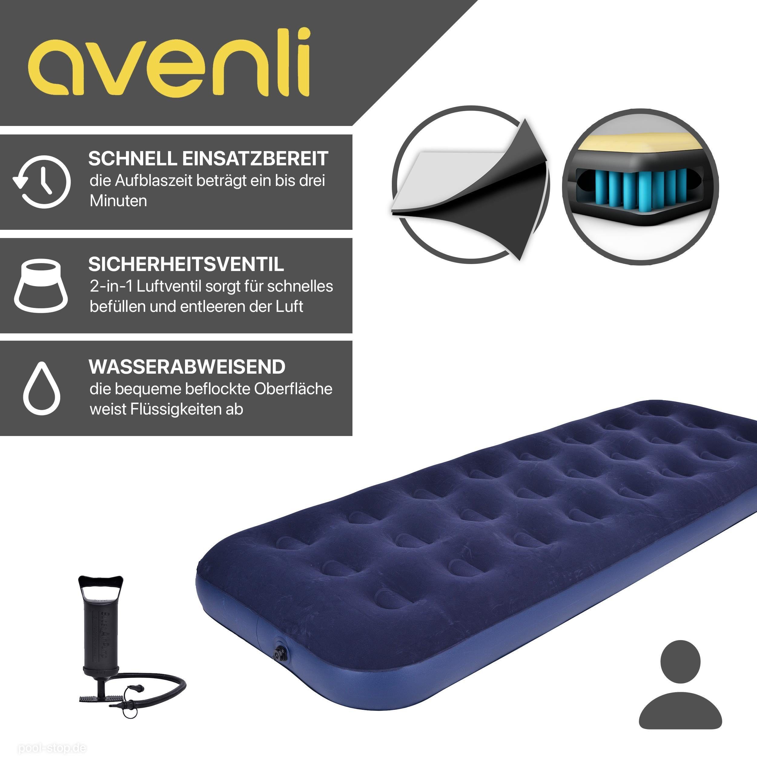 Avenli Luftbett Campingbett aufblasbar 191x73x22 cm, (Luftmatratze für 1 Person), Gästebett inklusive Luftpumpe