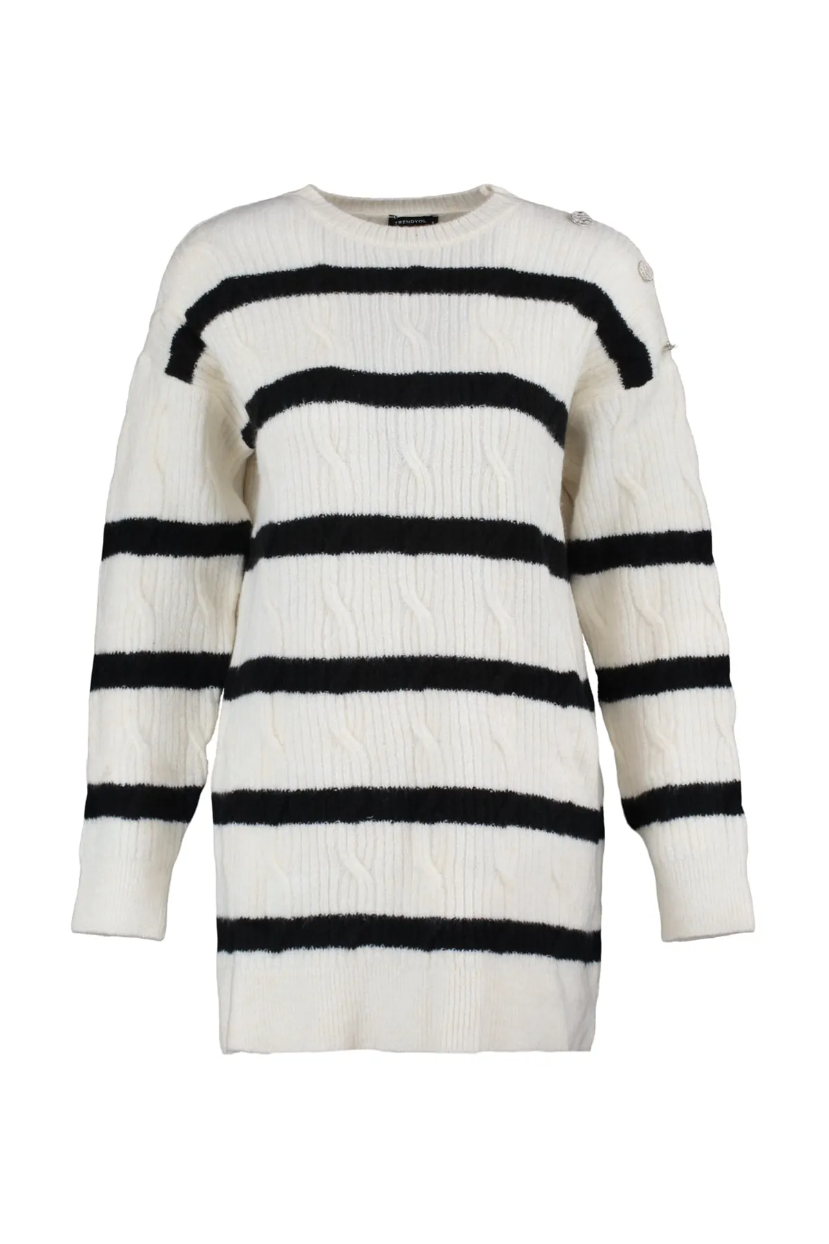 Trendyol Modest  Ecru gestreifter Strickpullover mit Knöpfen TCTAW23AK00063