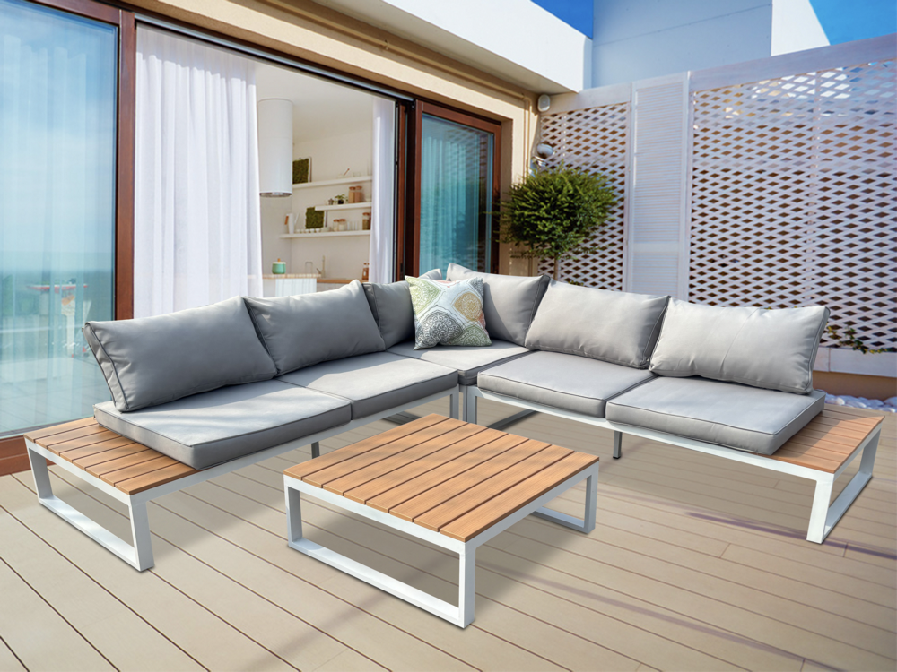 Happy Home Happy Home 14 tlg. Loungeset aus Aluminium inkl. Auflagen HGS64-HGR hellgrau mit Holzoptik