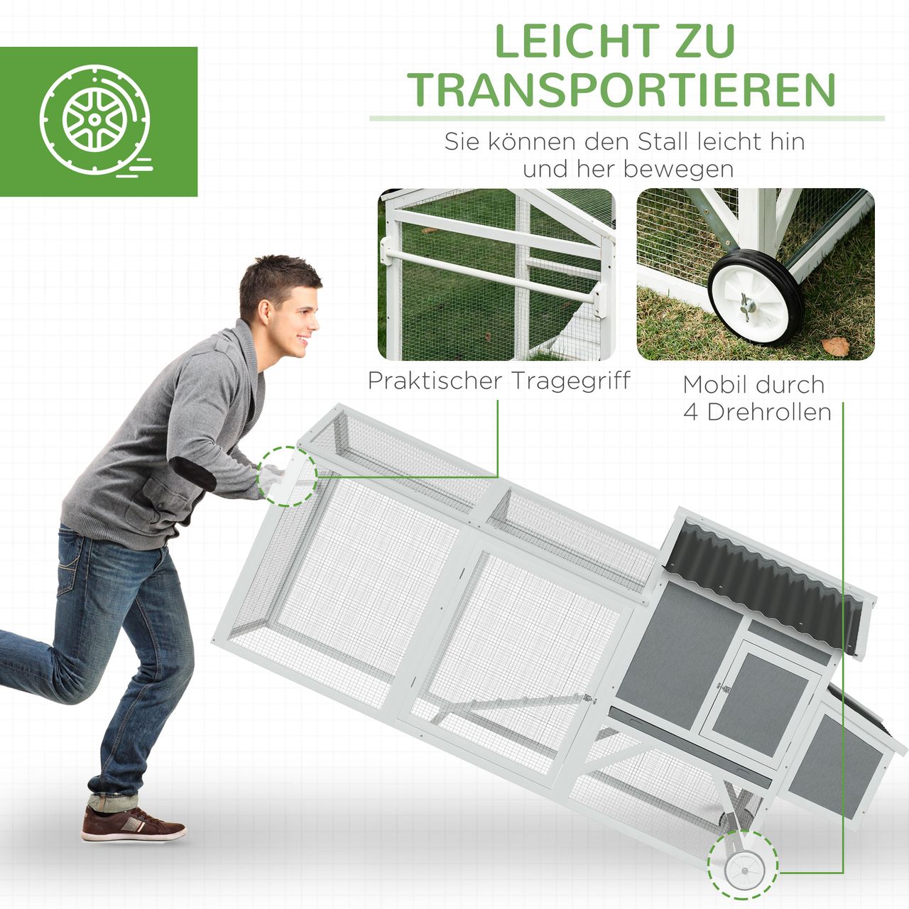 PawHut Hühnerstall Hühnerhaus mit Nistkasten Hühnervoliere mit Rädern und Griff Gehege Geflügelstall winterfest Tannenholz PVC Grau Weiß 247 x 90 x 114 cm