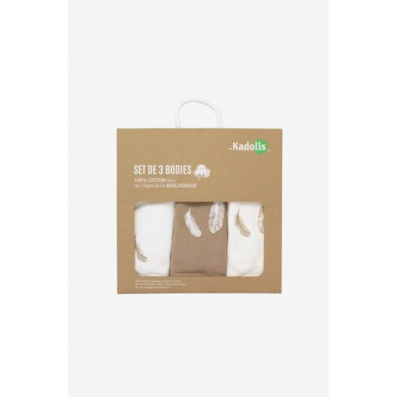 Lot de 3 Body manches courtes en Coton Bio à motifs plumes