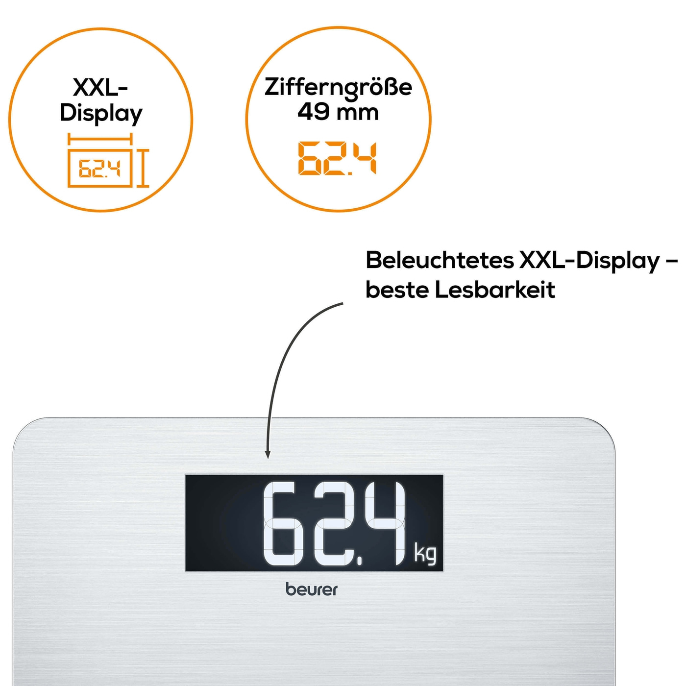 Beurer Edelstahlwaage GS 405 SignatureLine-Glaswaage im XXL-Format mit hochwertiger Edelstahloberfläche - bis 200 kg