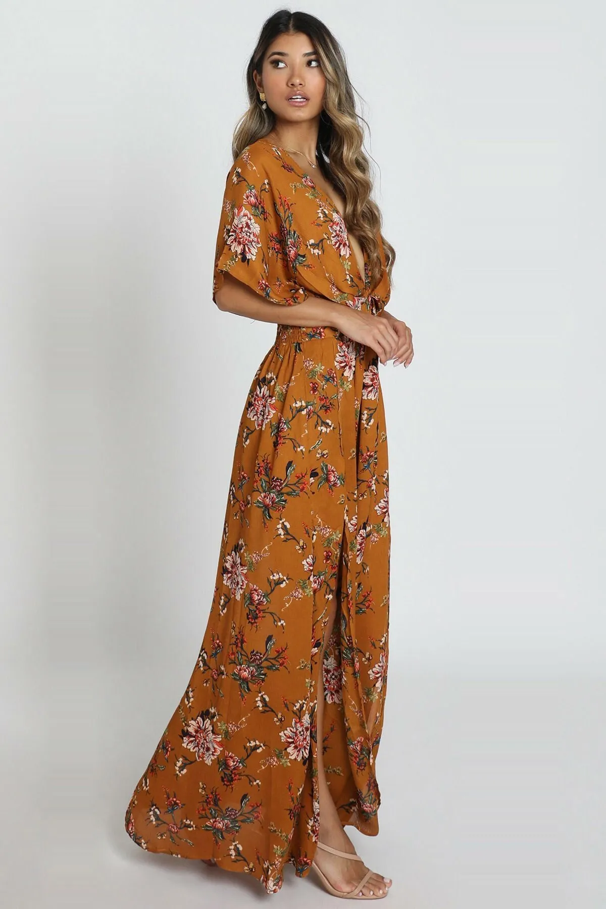 Madmext  Langes Kleid mit Senfmuster und Schlitz und detailliertem Muster Mg1698