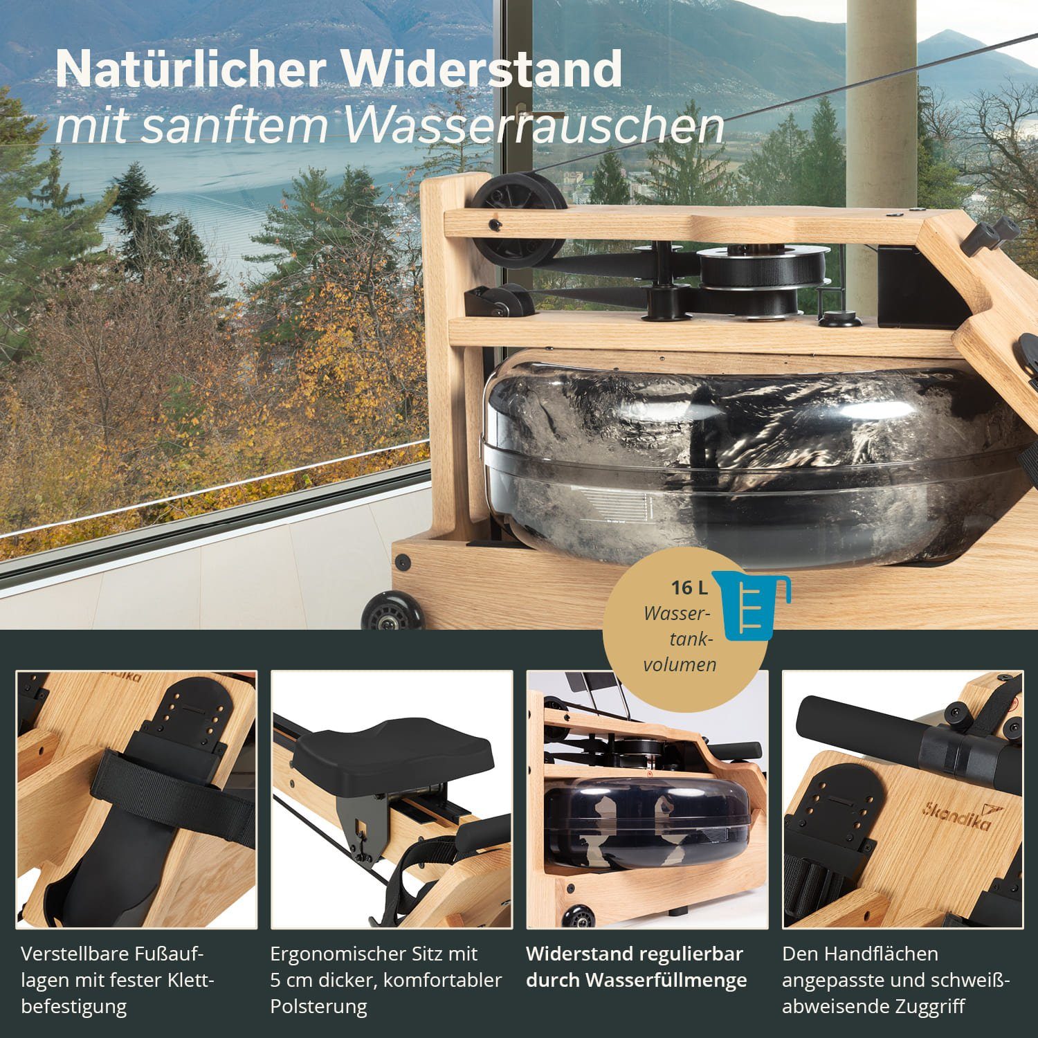 Skandika Rudergerät Styrke, Rudergerät Wasser aus Holz, Wasserrudergerät für Zuhause, Eiche