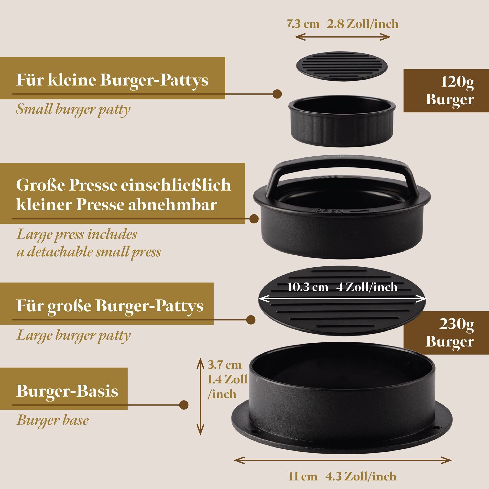 GOURMEO Burgerpresse 3-in-1 Burgerpresse mit Antihaftpapier für runde Patties, Kunststoff, 3-in-1 Burgerpresse mit Antihaftbeschichtung