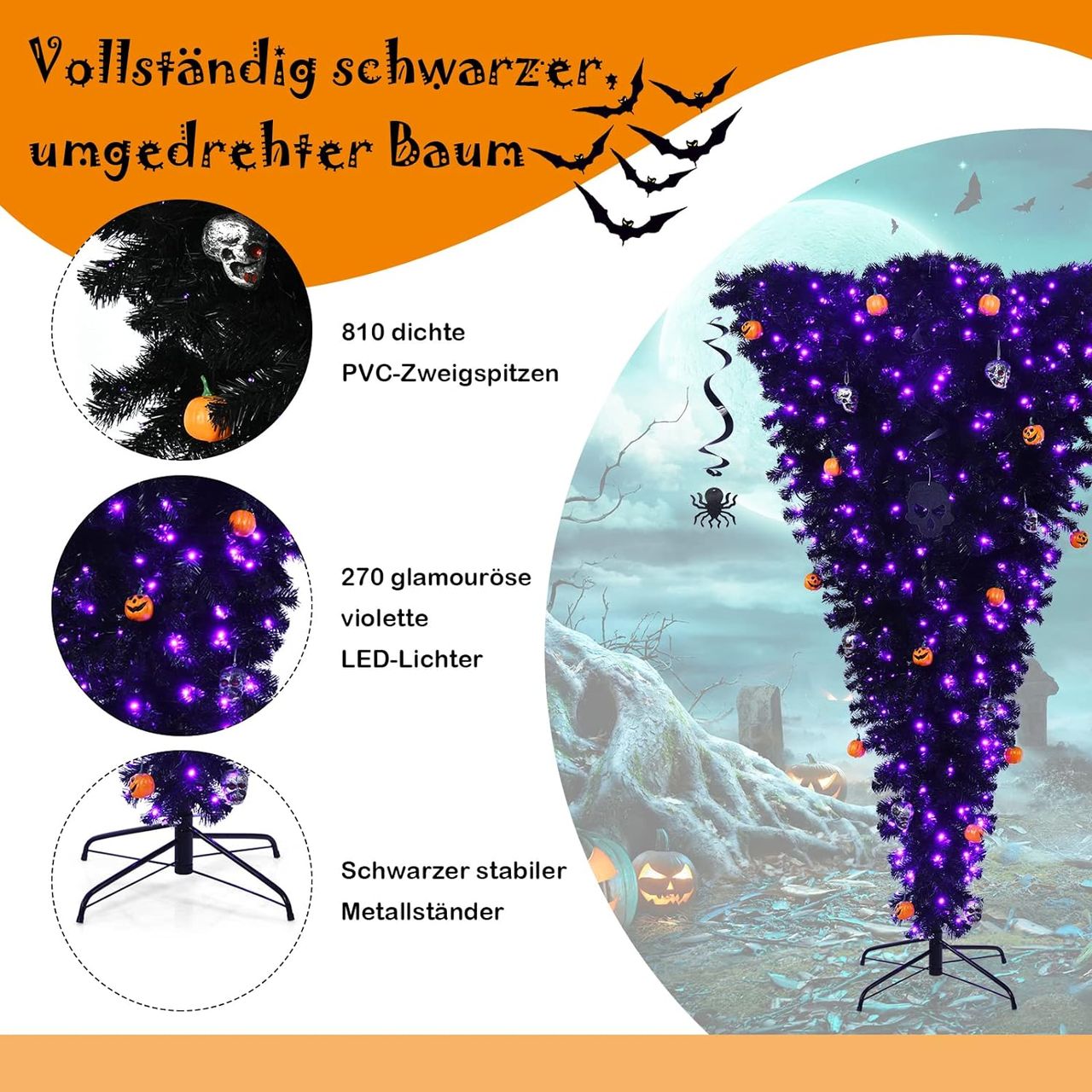 Costway 180cm LED Weihnachtsbaum mit 270 lila Leuchten