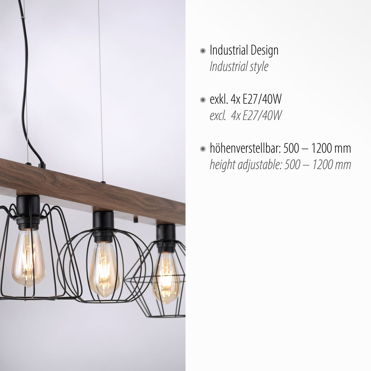 JUST LIGHT LeuchtenDirekt Pendelleuchte KASKA, Holzdekor, 4xE27 max. 40 W, Innenleuchte, IP20