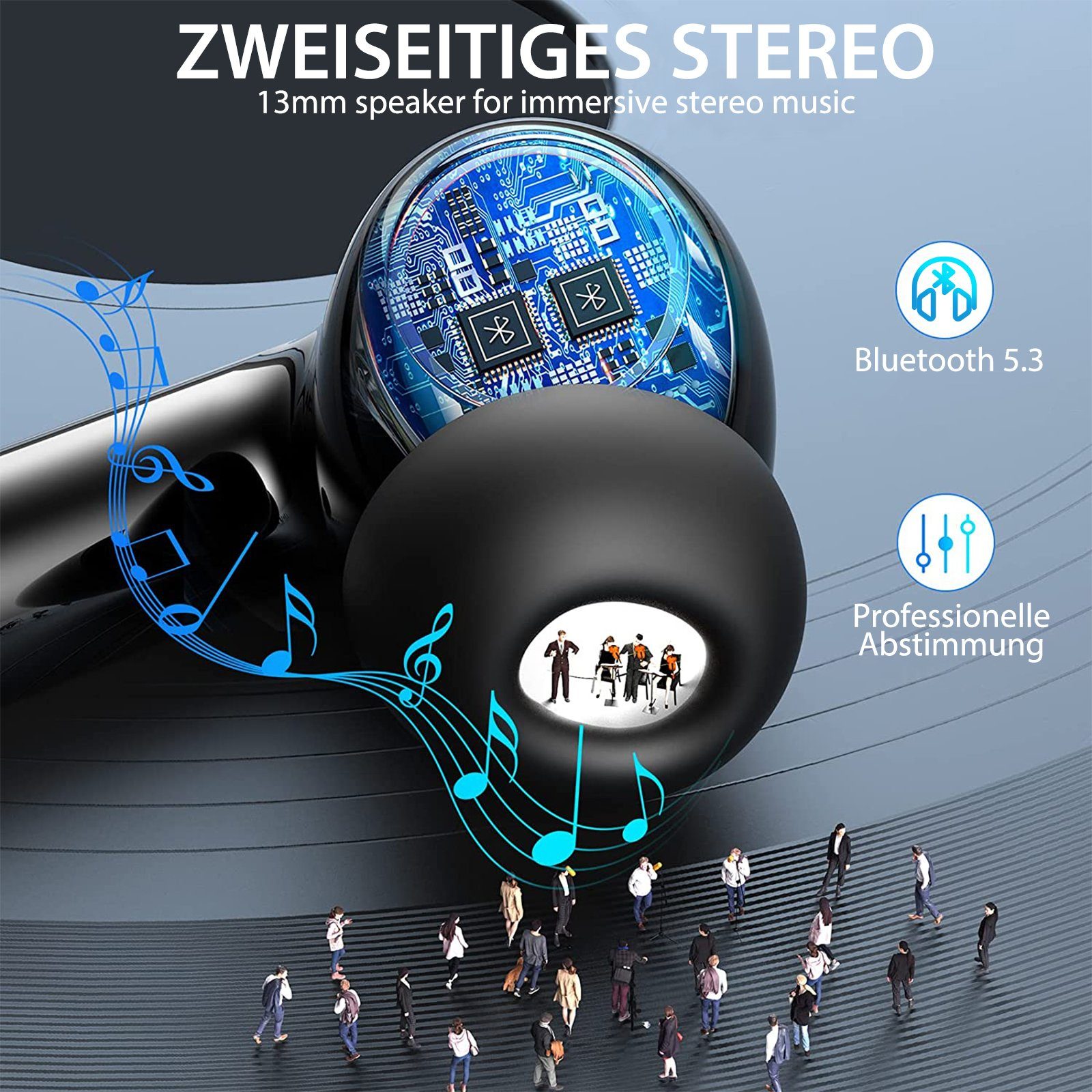 Yuede Bluetooth 5.3 Kopfhörer, Earbuds Kabellos mit LED-Ladebox In-Ear-Kopfhörer (Immersives HIFI-Stereo, Bluetooth Kopfhorer mit LED-Ladebox, ENC HD Anruf, One Step Pairing, 10-mm-Schwingspule)